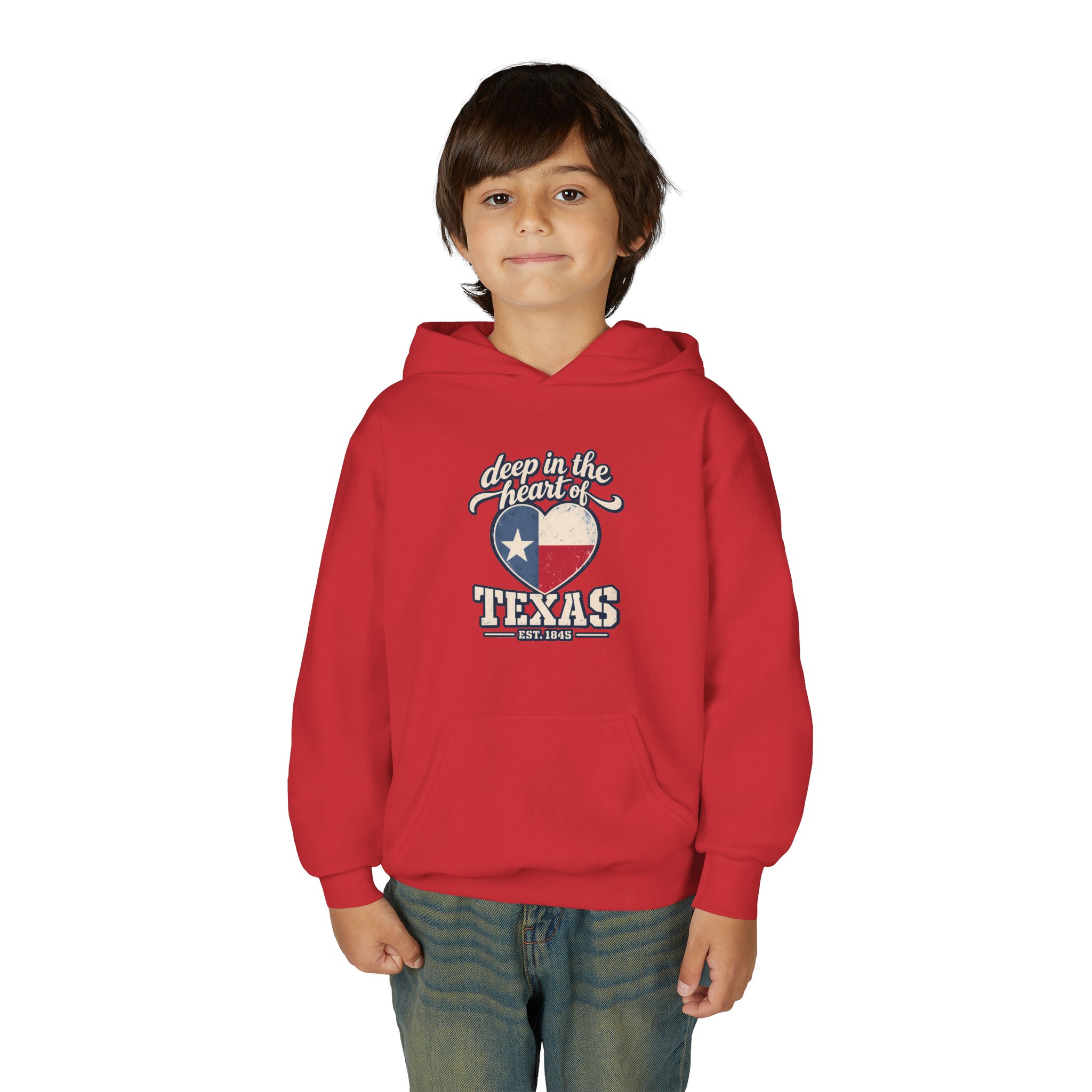 Deep in the Heart of Texas Youth Hoodie in Red, worn by a model