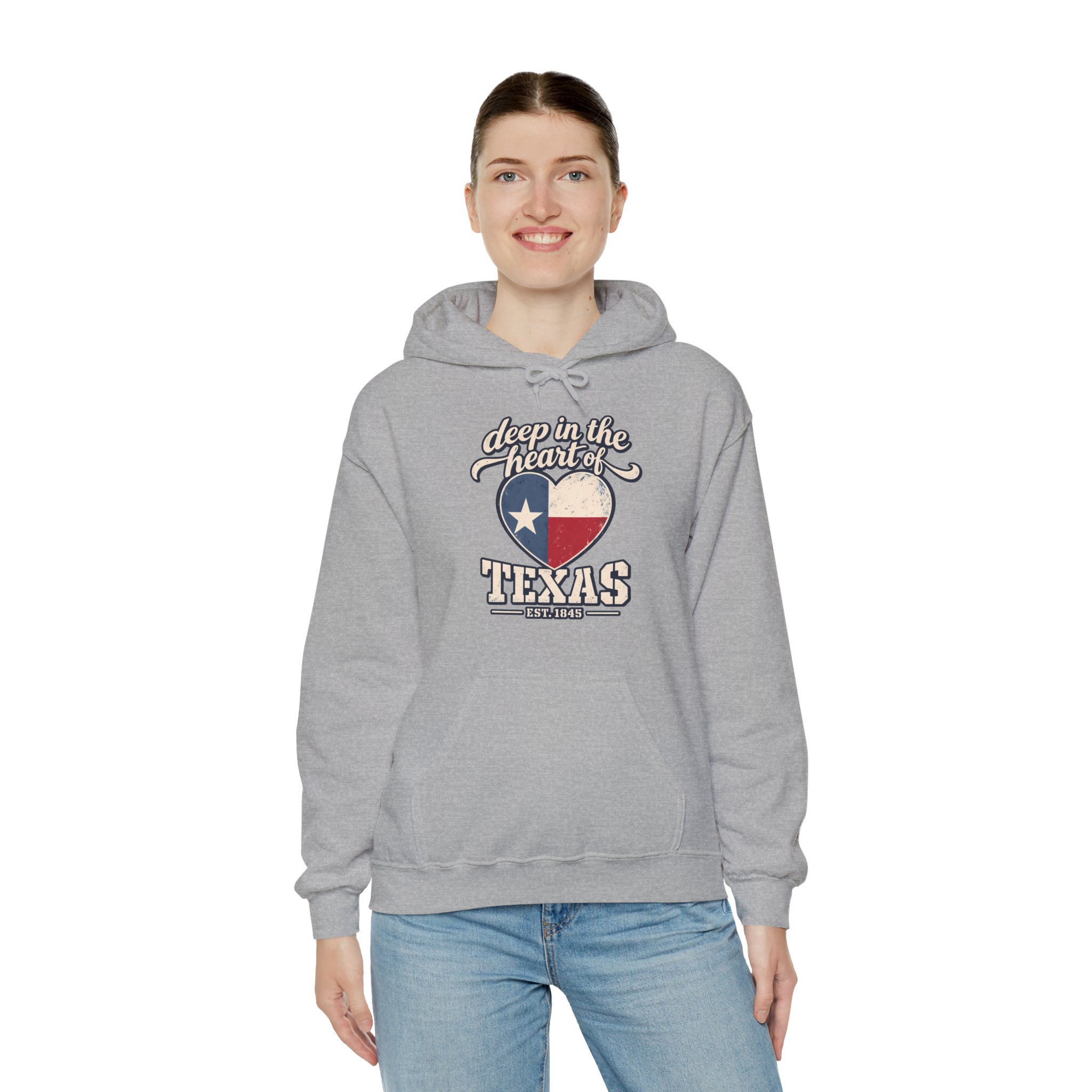 Deep in the Heart of Texas Hoodie in Sport Grey, worn by a model