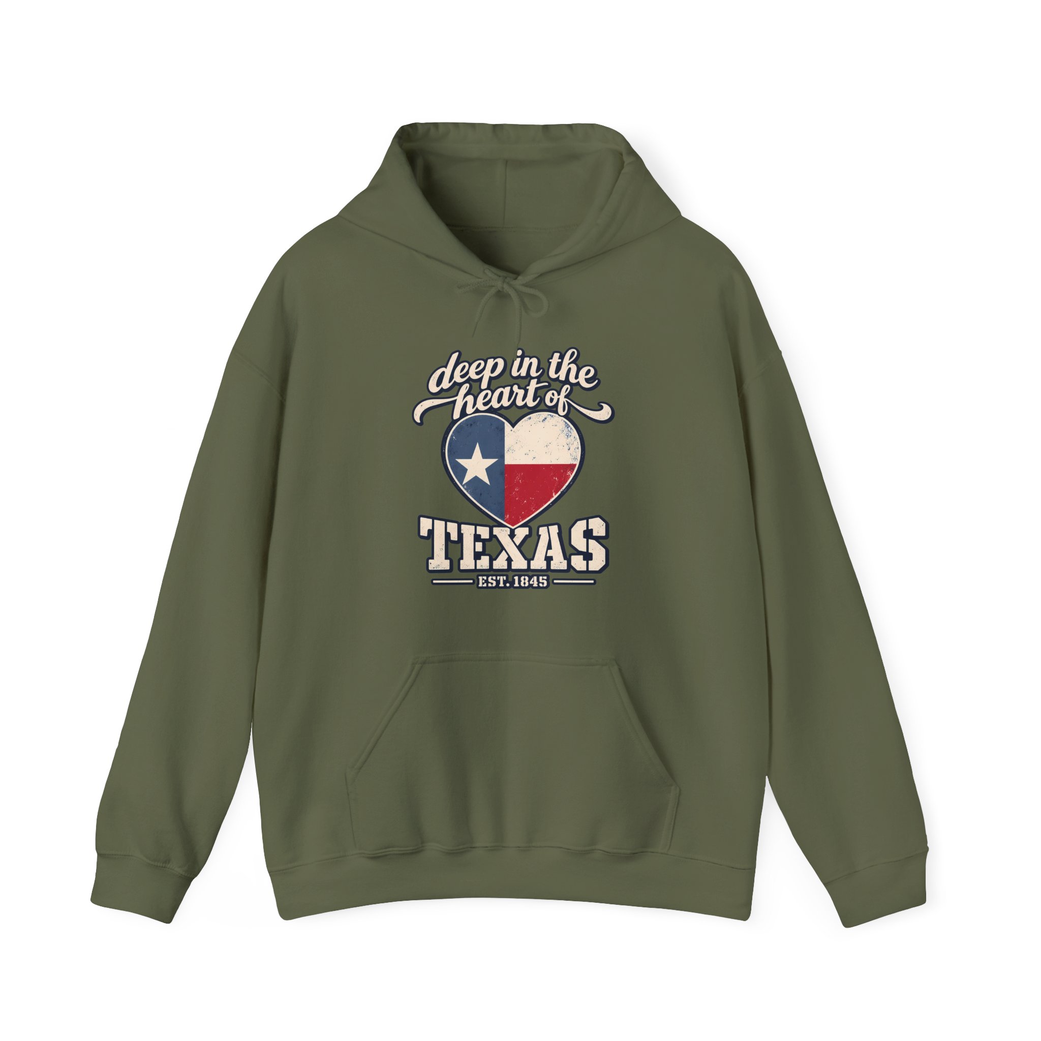 Deep in the Heart of Texas Hoodie in Military Green, front view