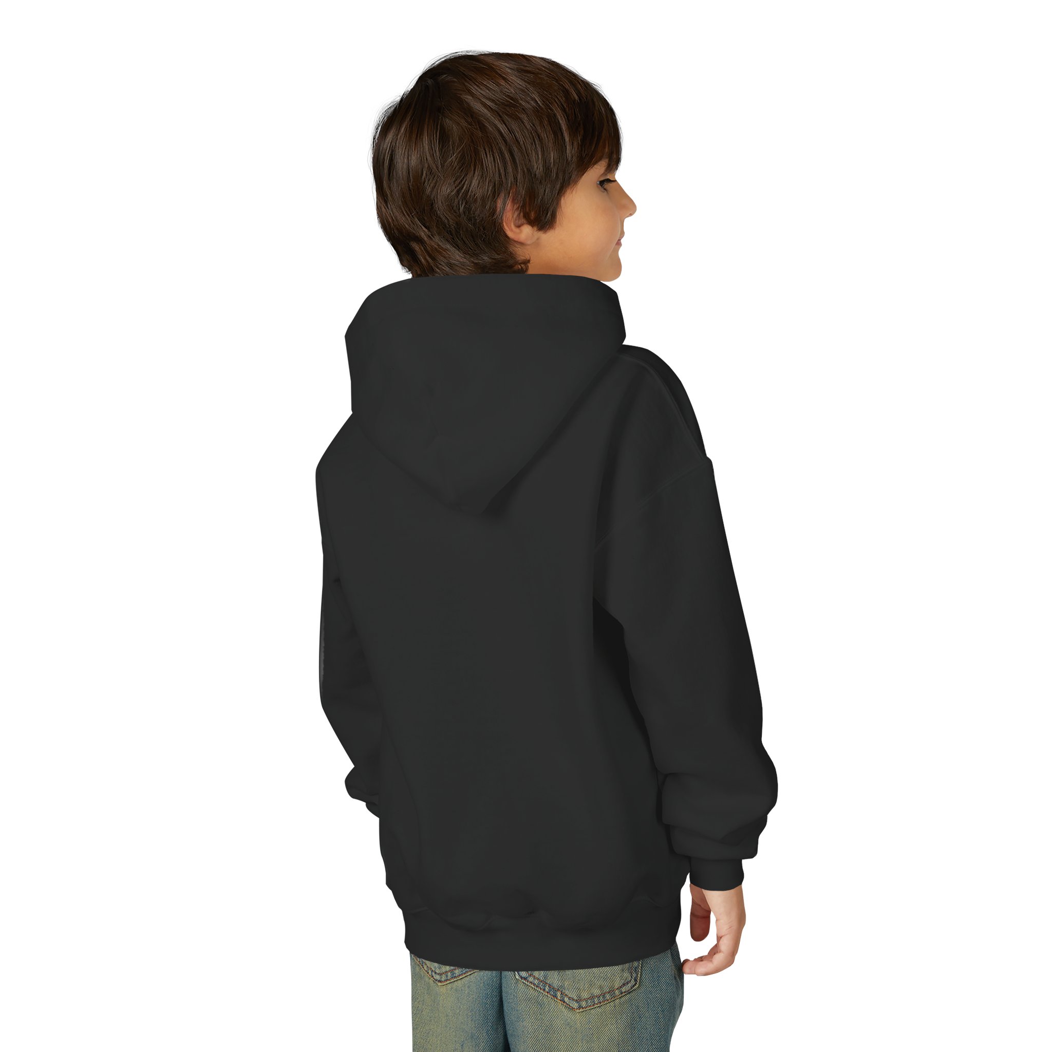 Deep in the Heart of Texas Youth Hoodie in Black, worn by a model, back view