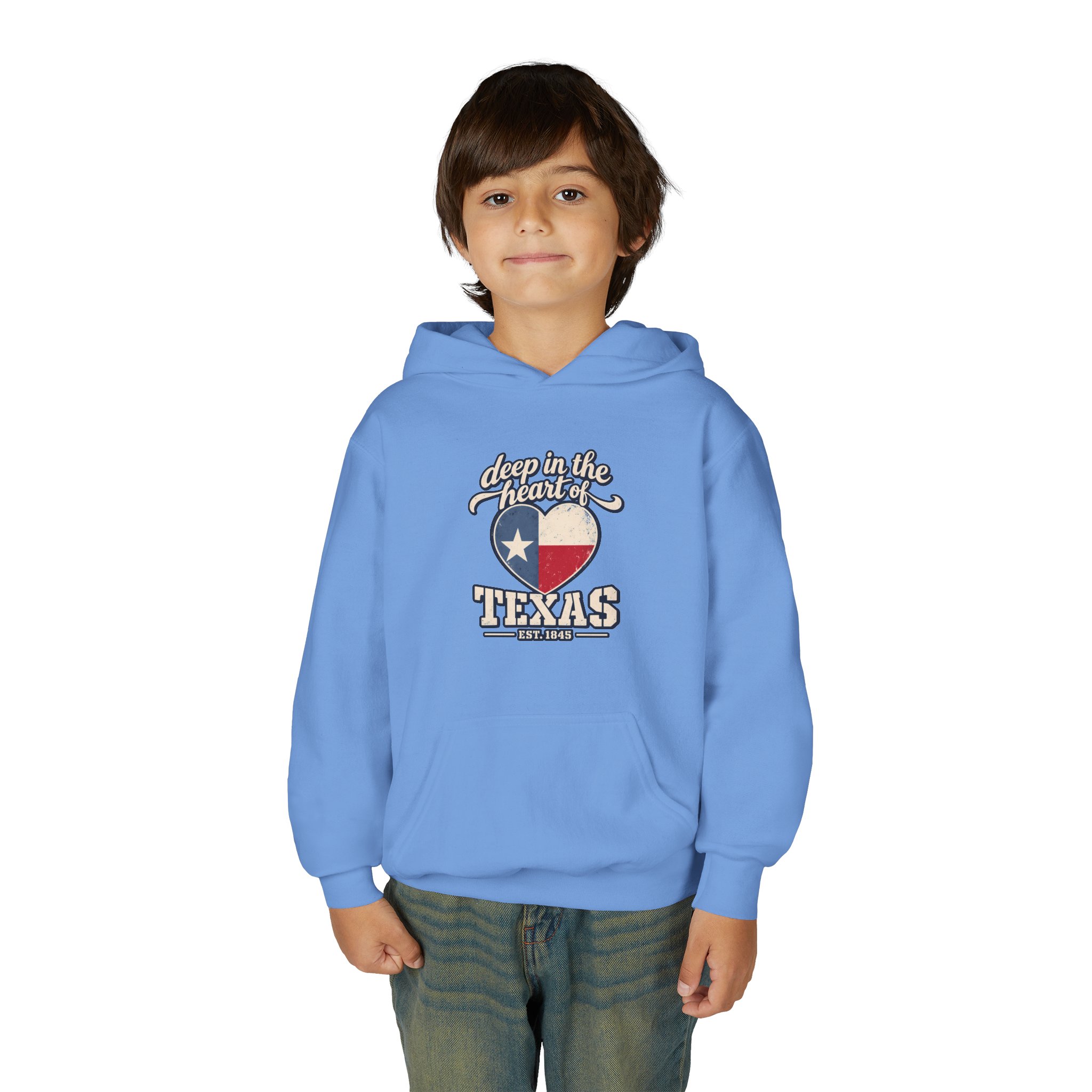 Deep in the Heart of Texas Youth Hoodie in Carolina Blue, worn by a model