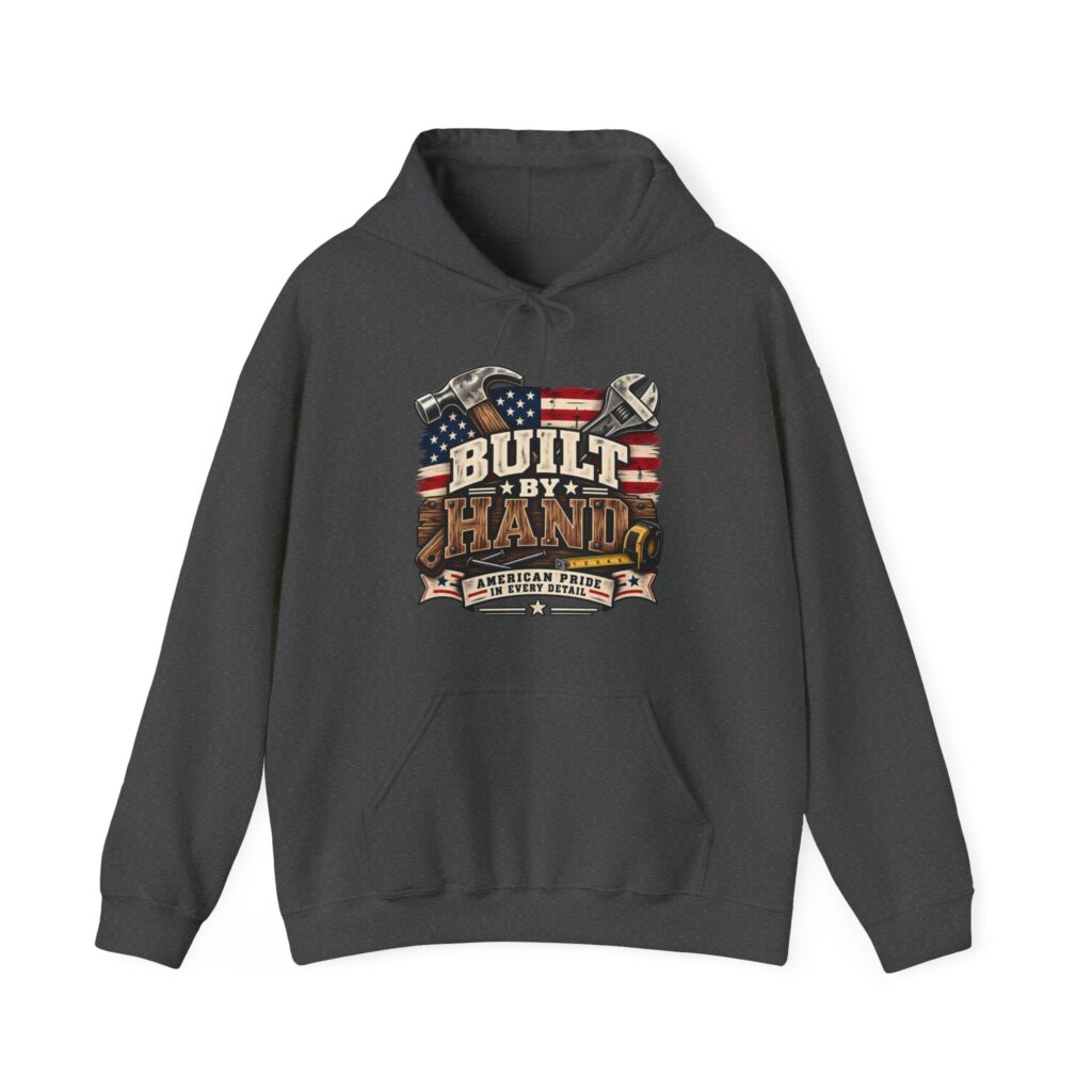 Built by Hand Hoodie in Dark Heather, front view