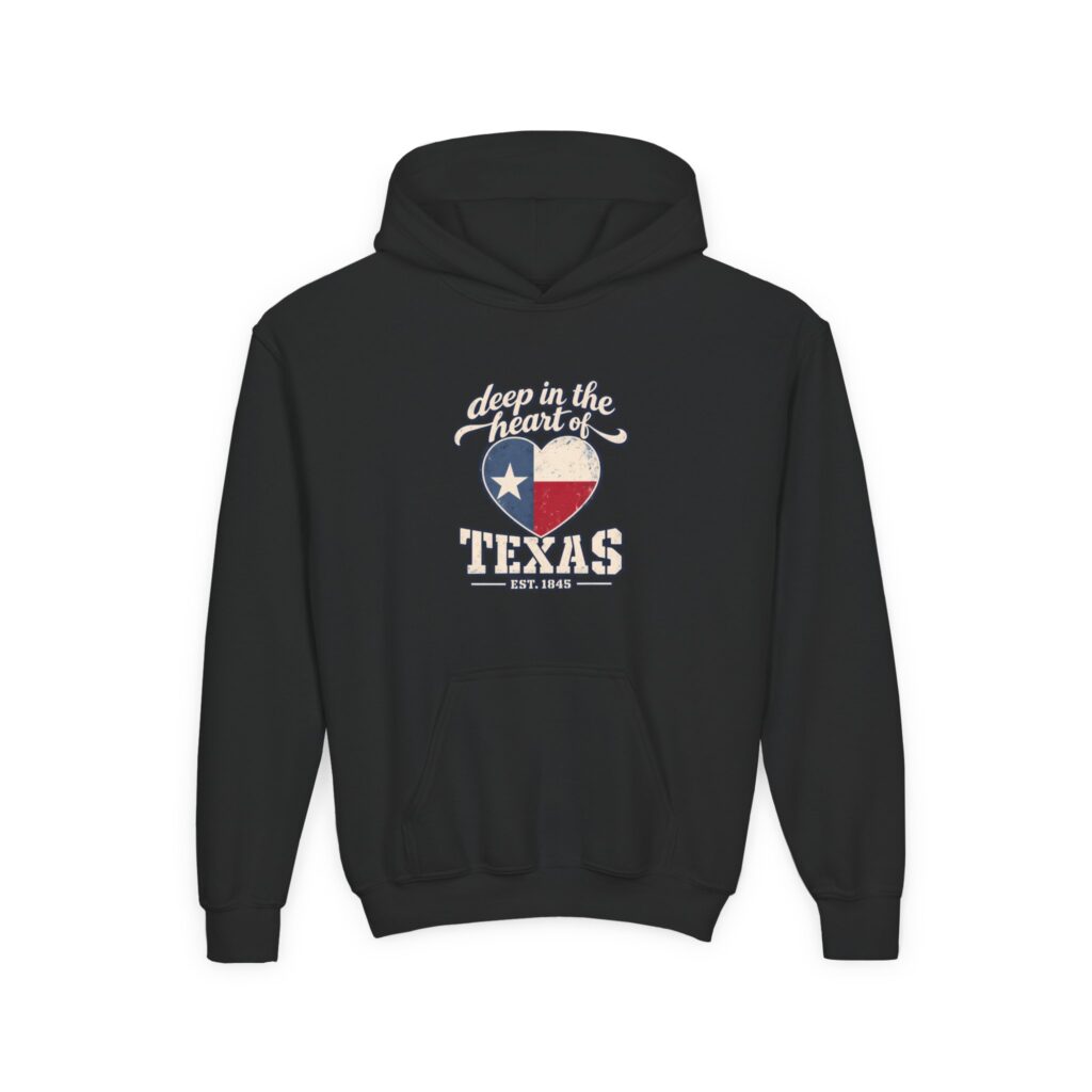 Deep in the Heart of Texas Youth Hoodie in Black, front view