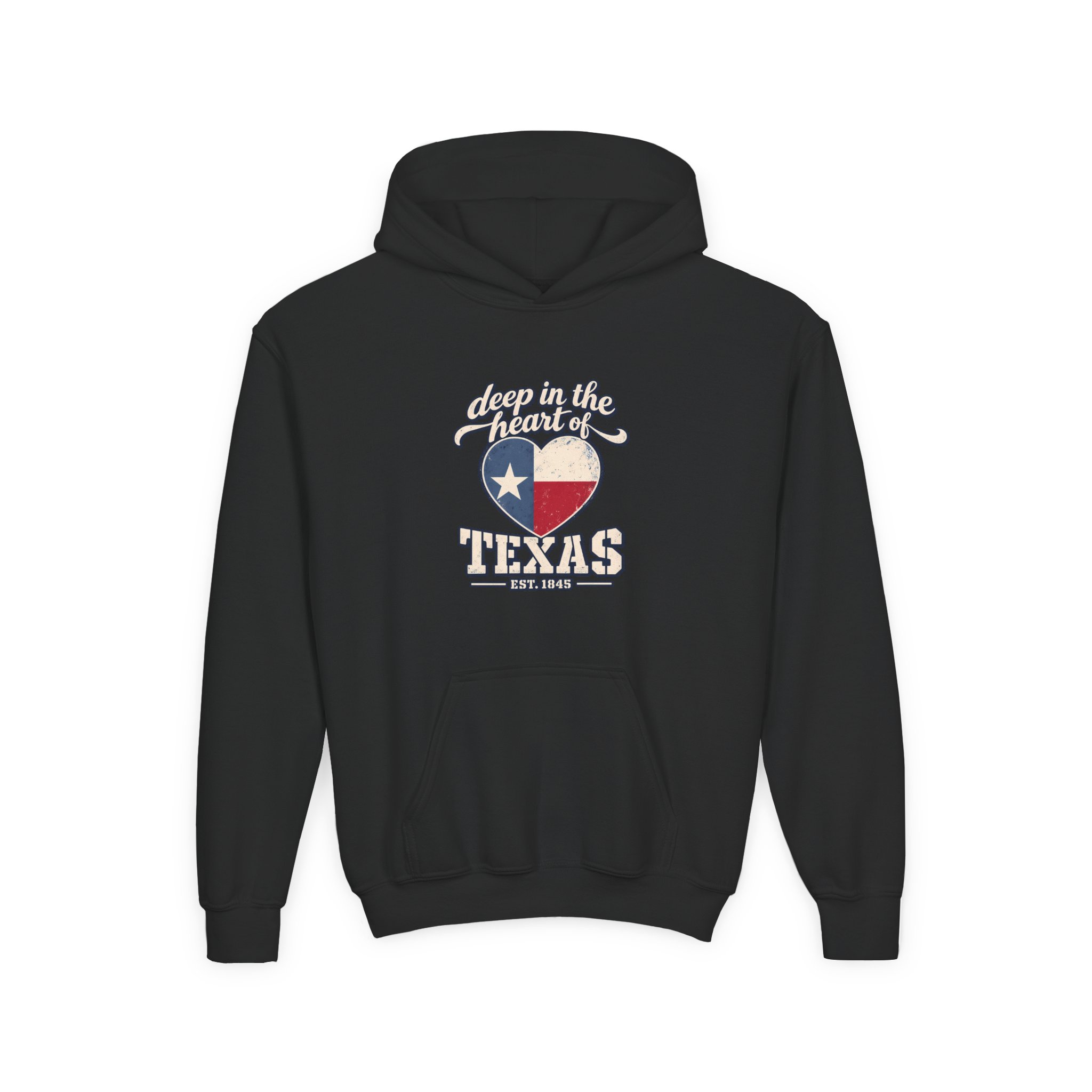Deep in the Heart of Texas Youth Hoodie in Black, front view