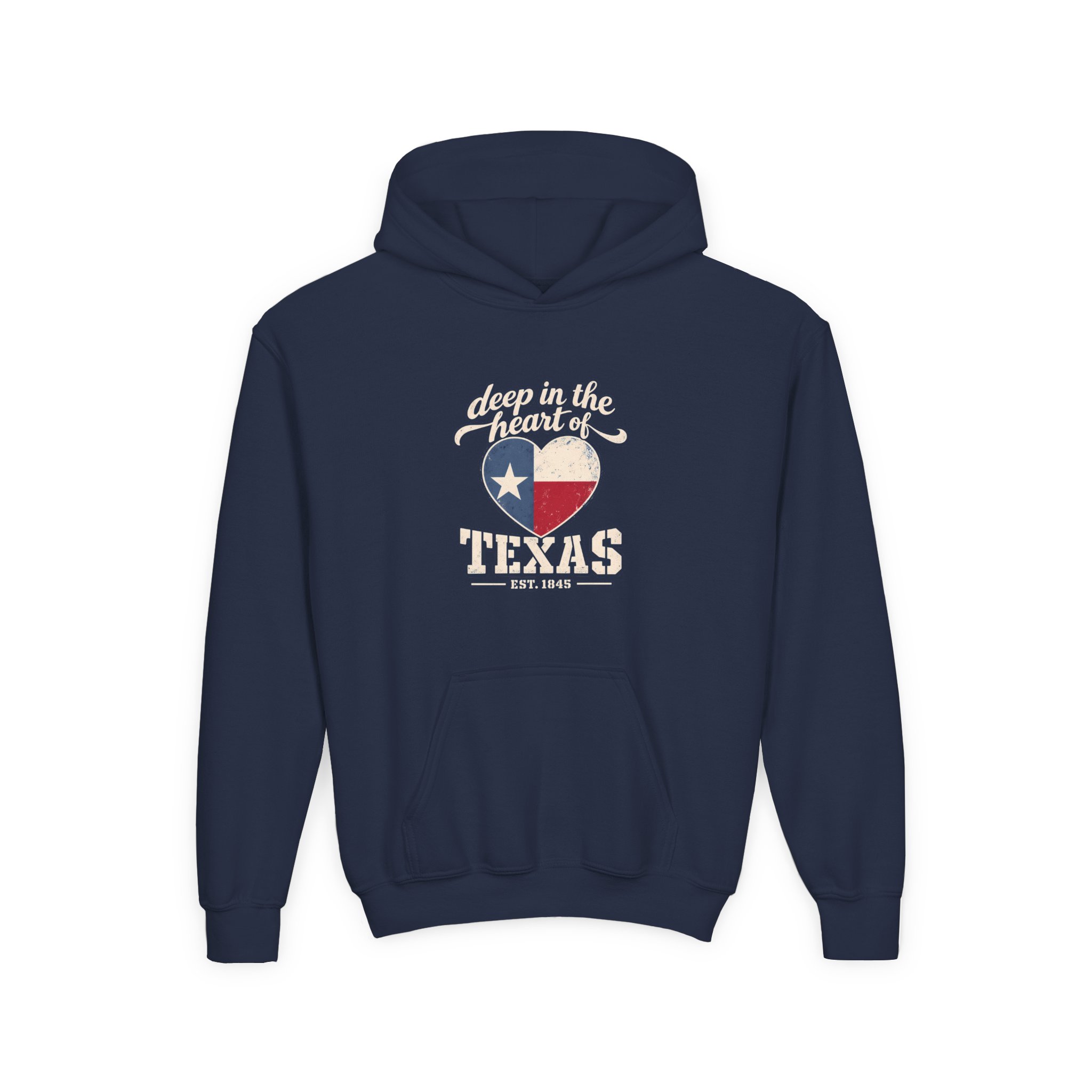 Deep in the Heart of Texas Youth Hoodie in Navy, front view