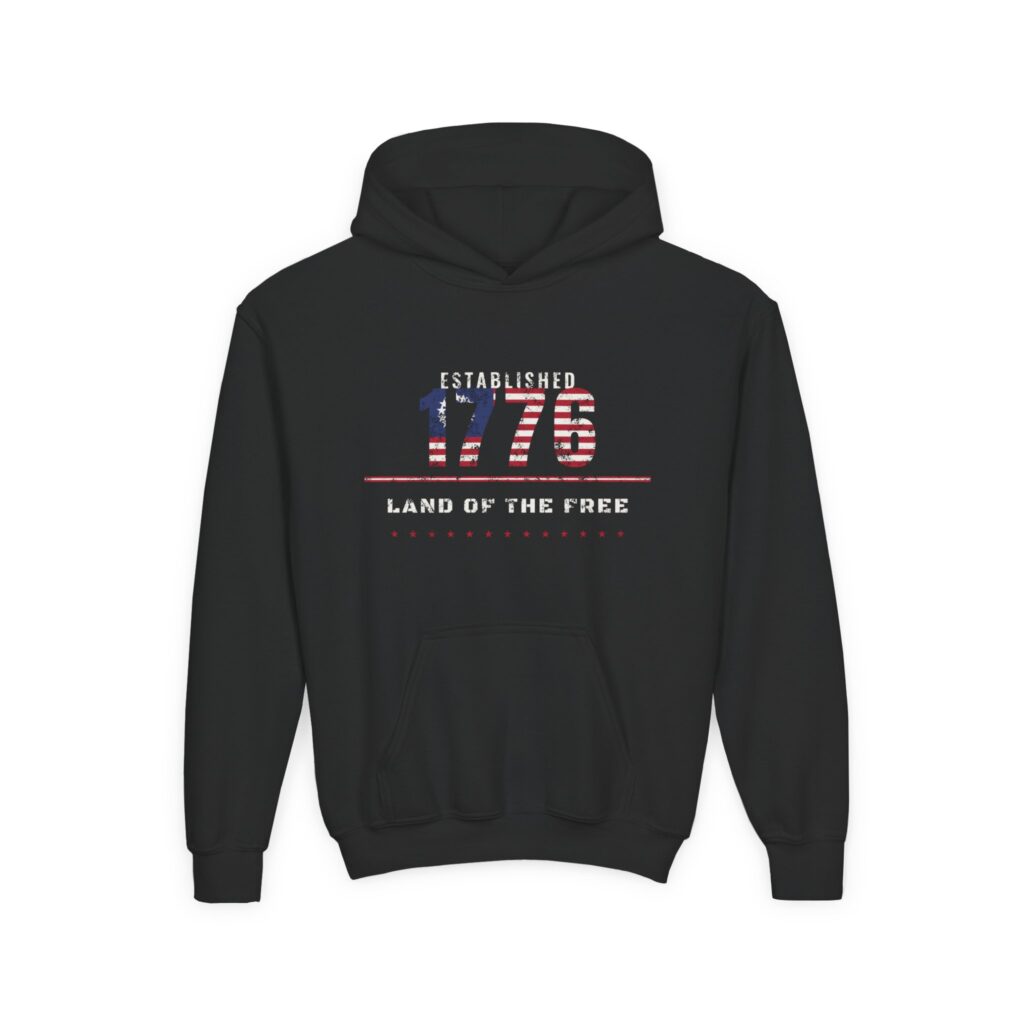 Established 1776 Youth Hoodie in Black, front view