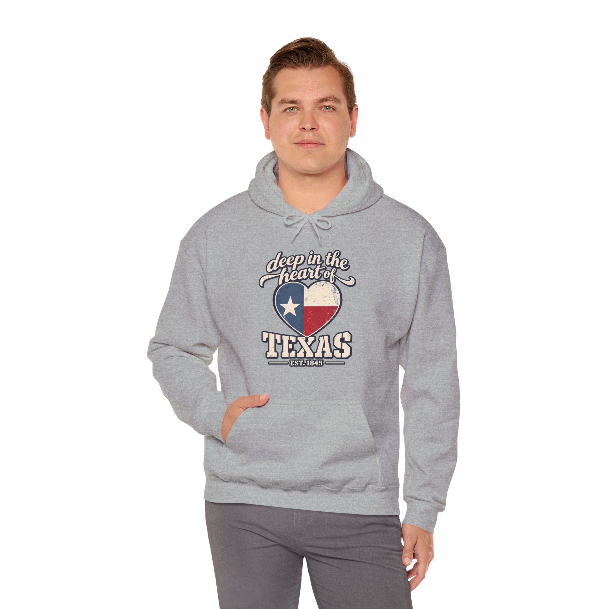 Deep in the Heart of Texas Hoodie in Sport Grey, worn by a model