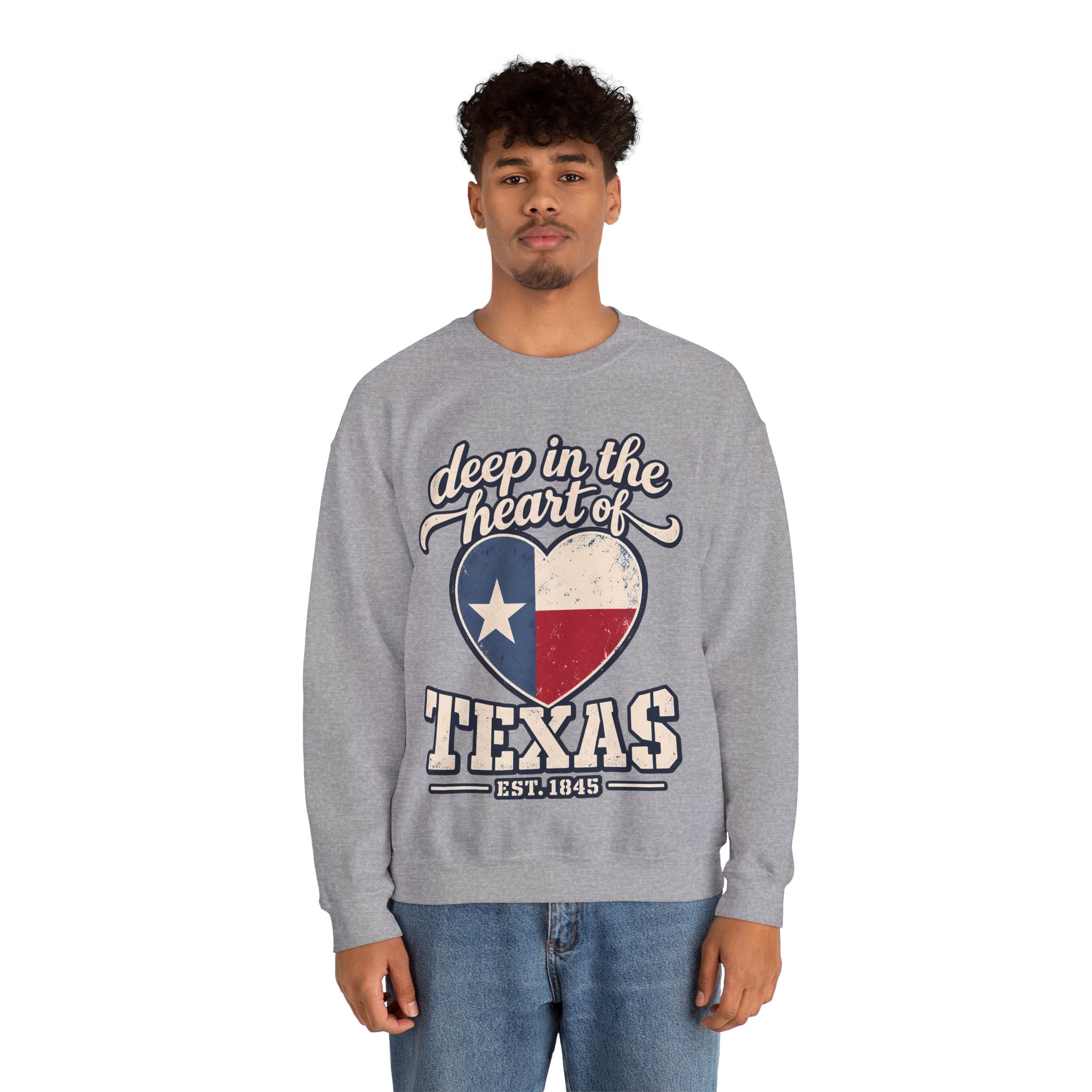 Deep in the Heart of Texas Crewneck Sweatshirt in Sport Grey, worn by a model