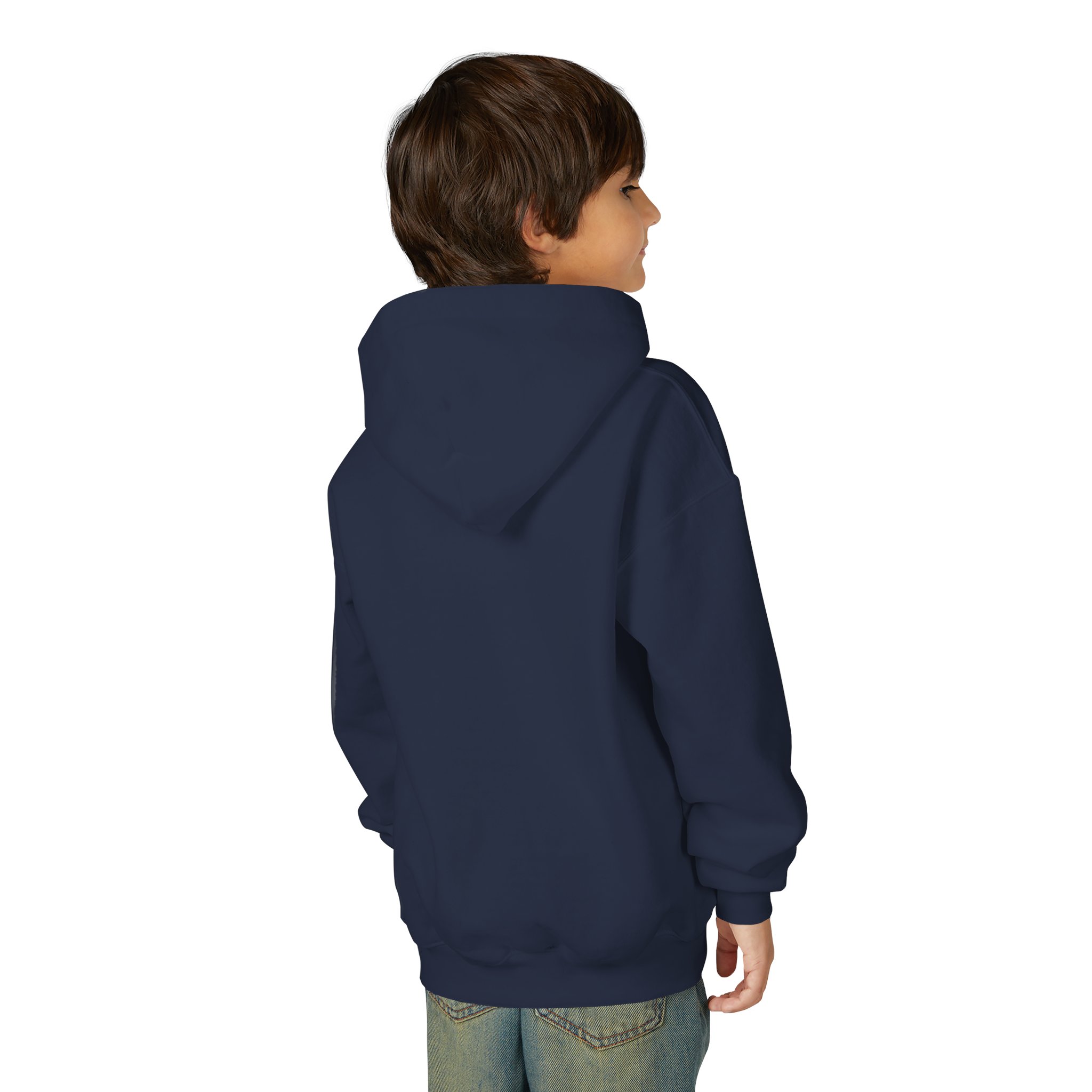 Deep in the Heart of Texas Youth Hoodie in Navy, worn by a model, back view