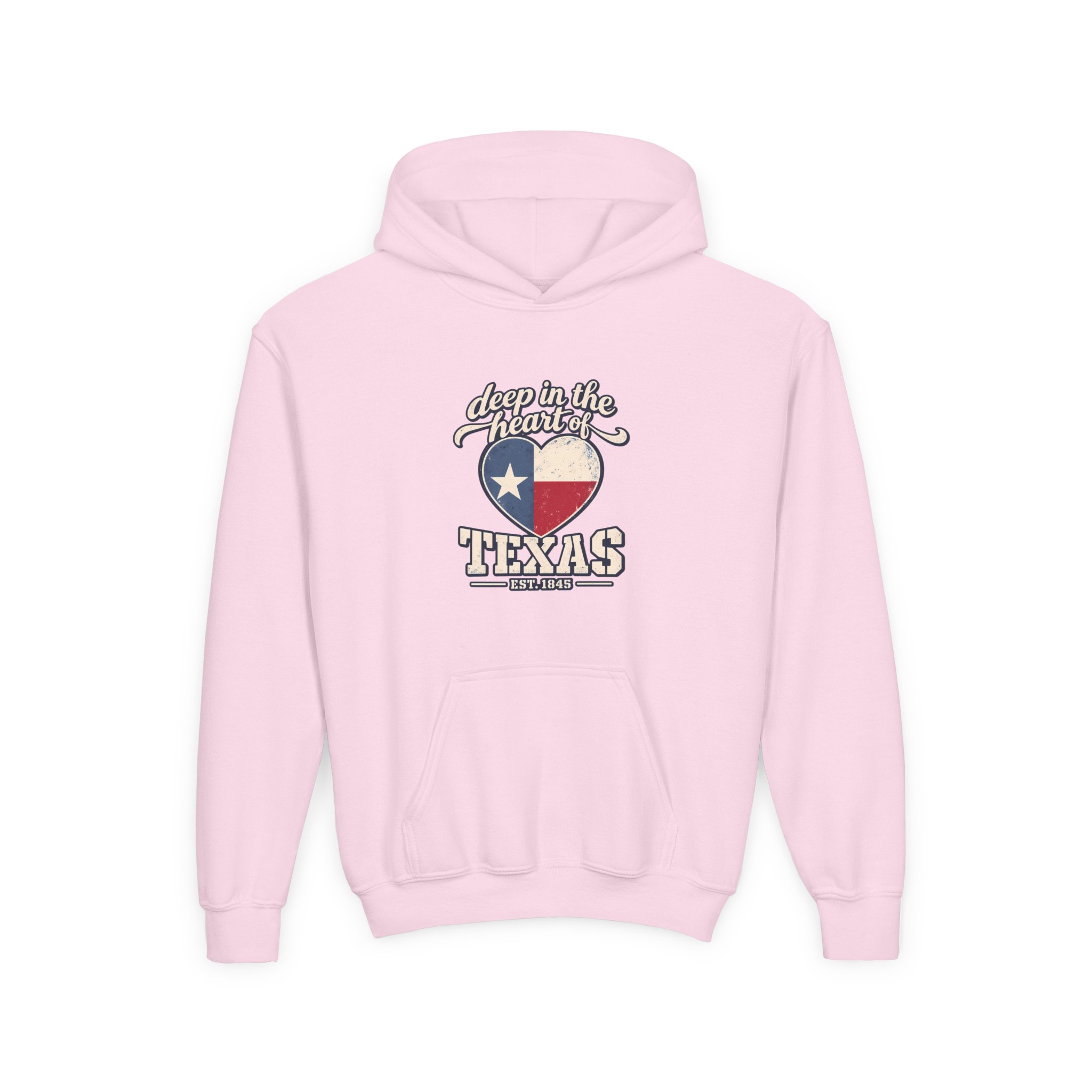 Deep in the Heart of Texas Youth Hoodie in Light Pink, front view