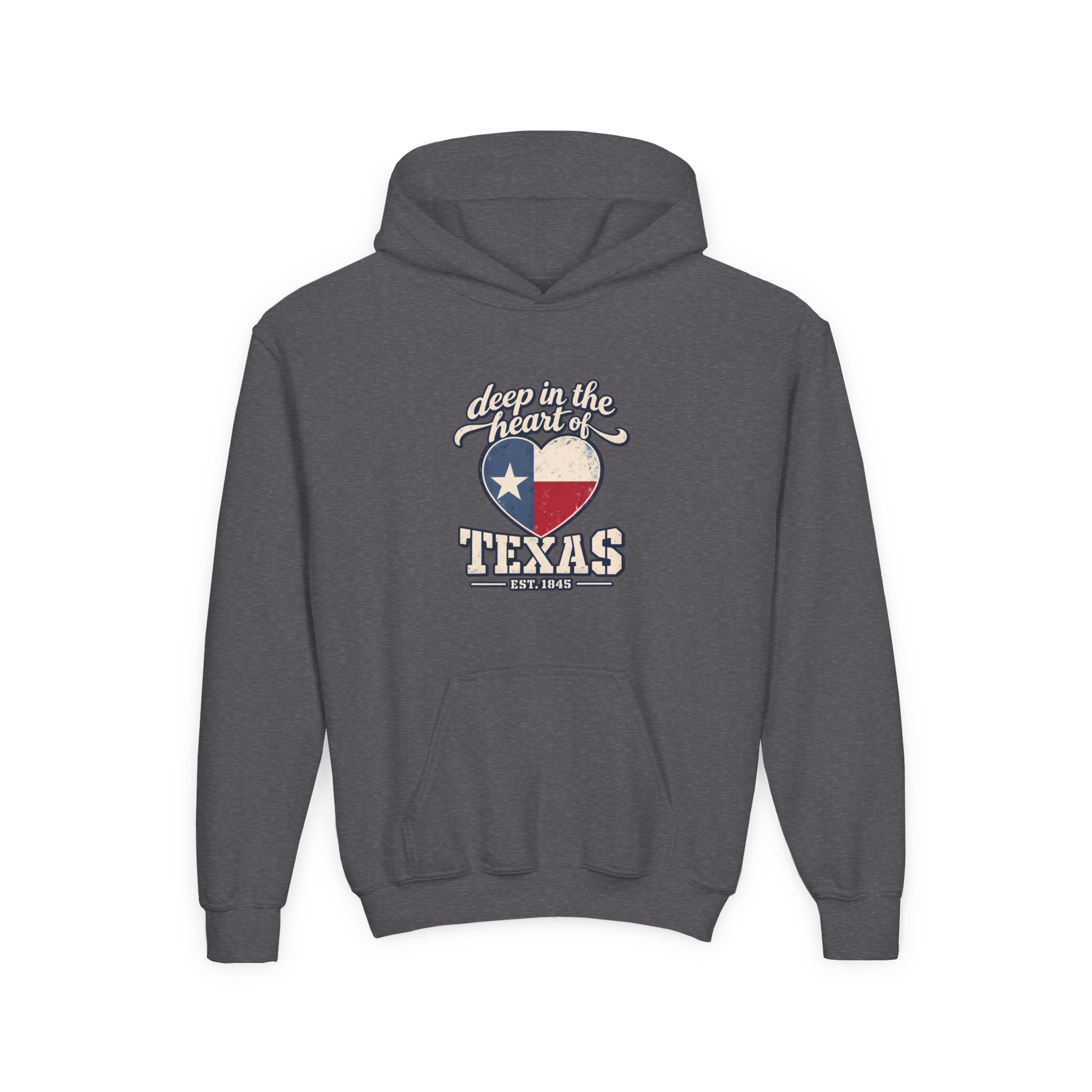 Deep in the Heart of Texas Youth Hoodie in Dark Heather, front view