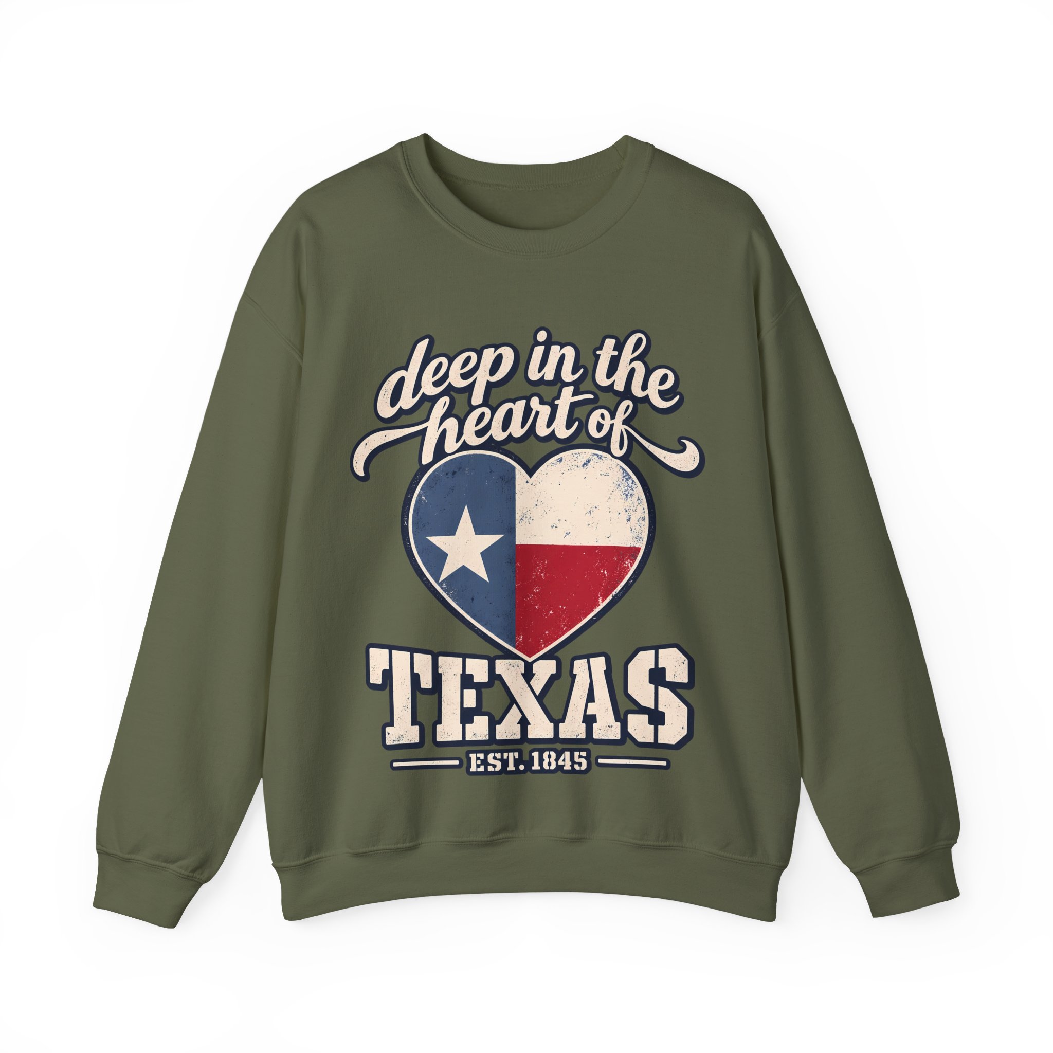 Deep in the Heart of Texas Crewneck Sweatshirt in Military Green, front view