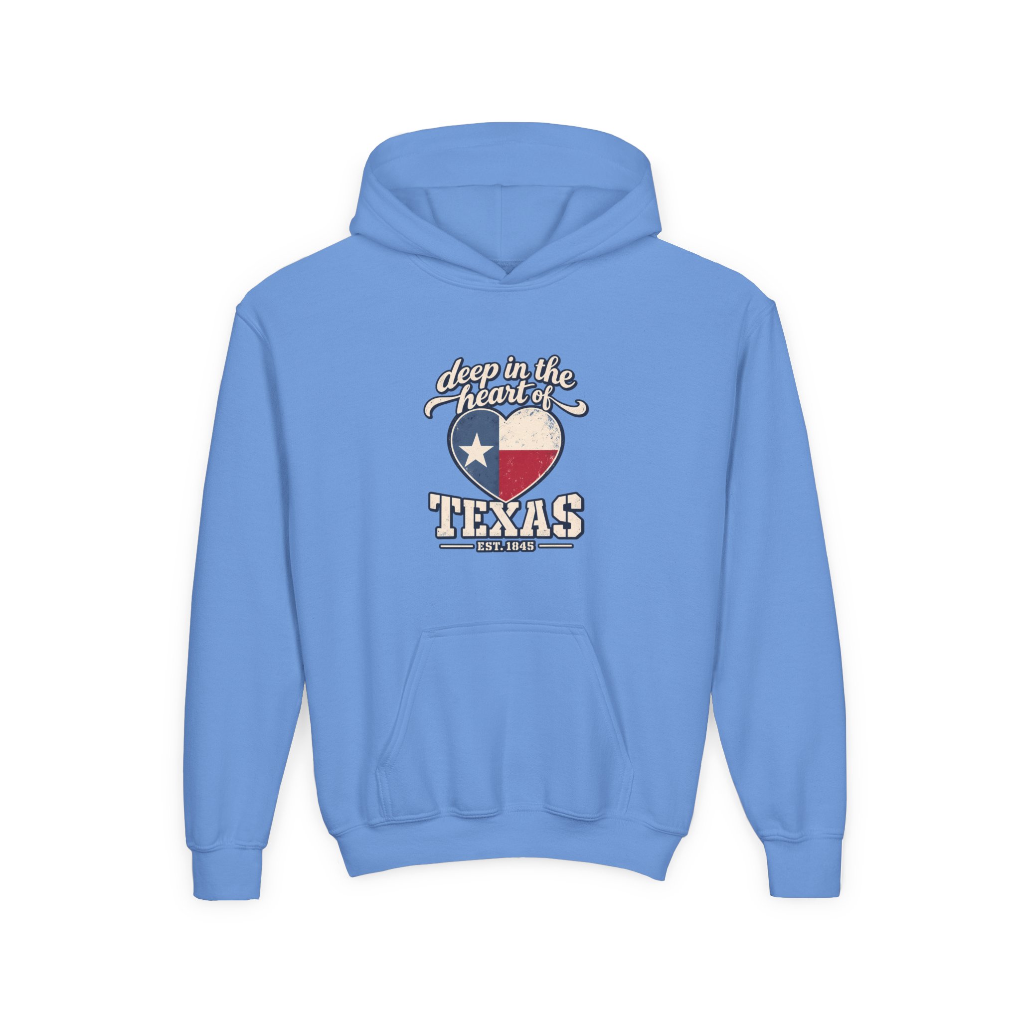 Deep in the Heart of Texas Youth Hoodie in Carolina Blue, front view
