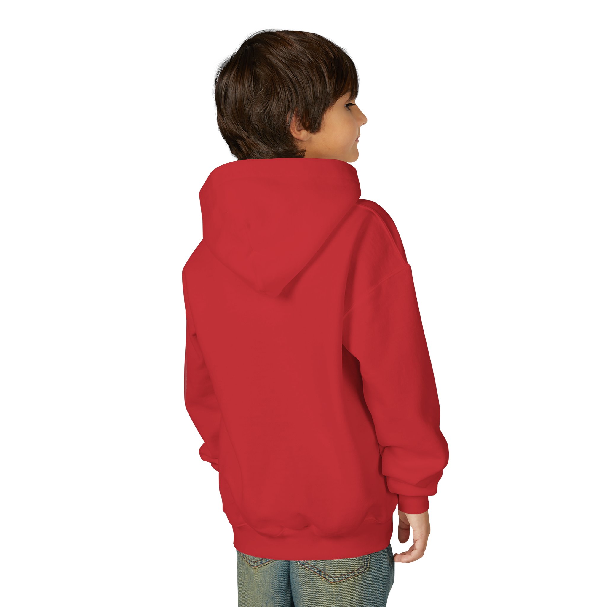 Deep in the Heart of Texas Youth Hoodie in Red, worn by a model, back view