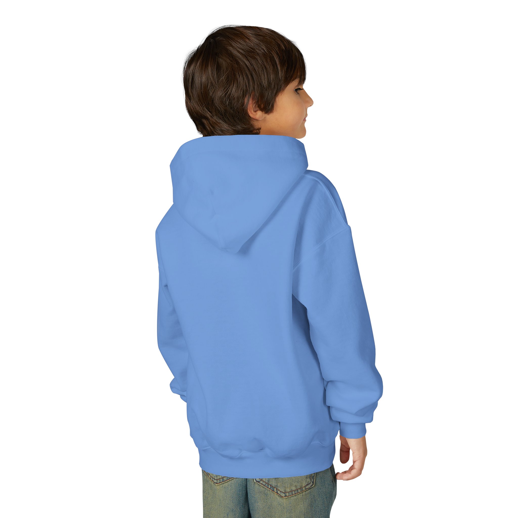 Deep in the Heart of Texas Youth Hoodie in Carolina Blue, worn by a model, back view