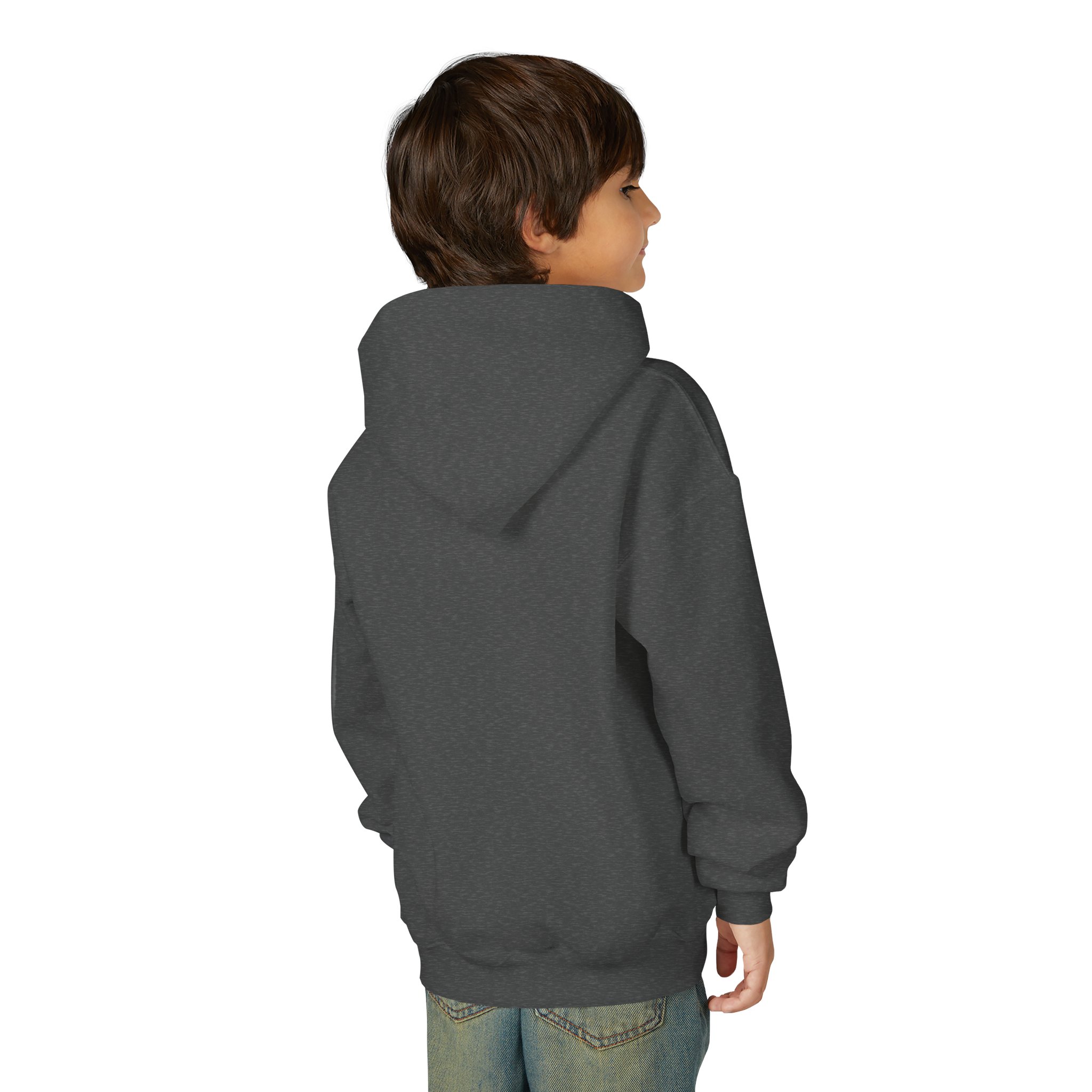 Deep in the Heart of Texas Youth Hoodie in Dark Heather, worn by a model, back view