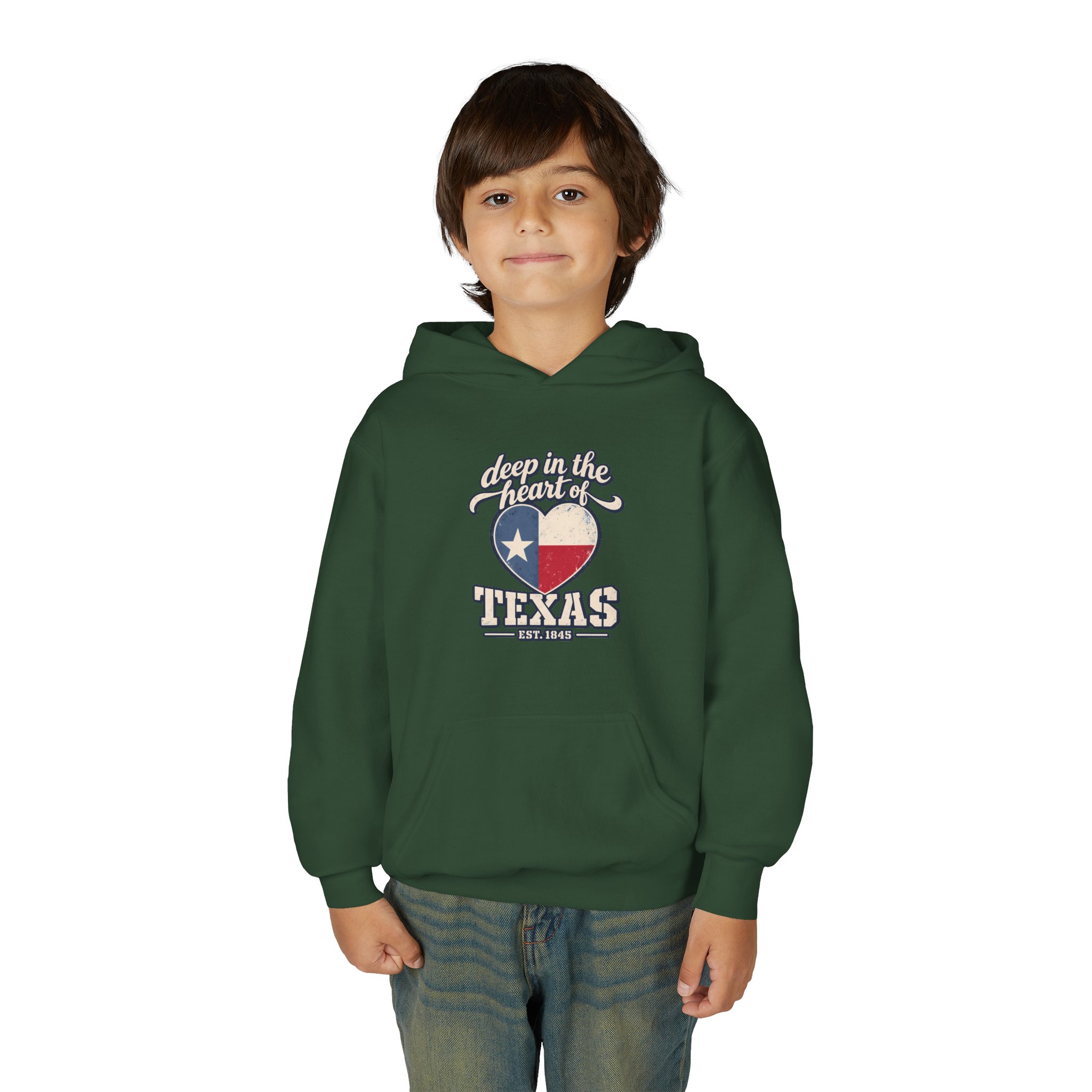 Deep in the Heart of Texas Youth Hoodie in Forest Green, worn by a model