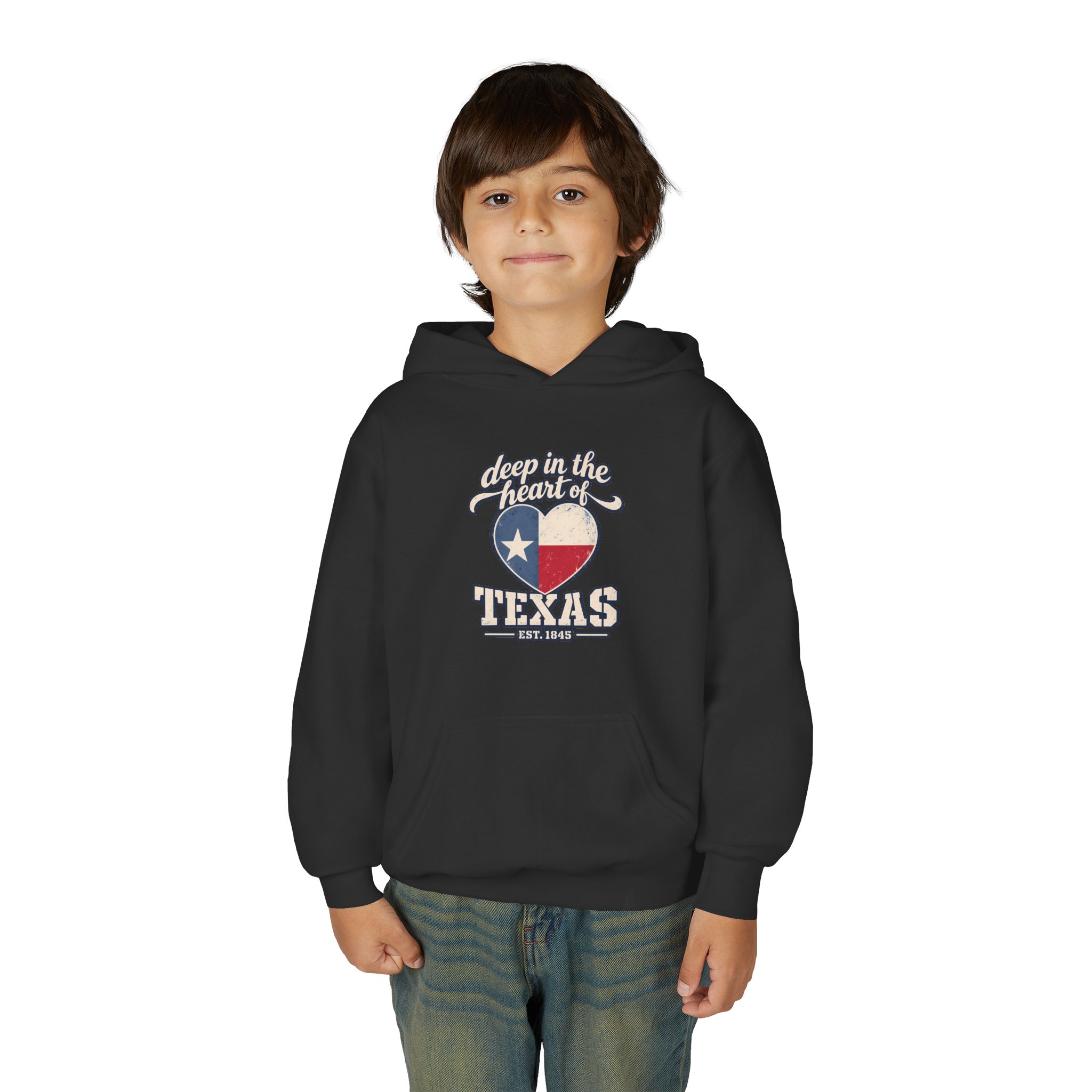Deep in the Heart of Texas Youth Hoodie in Black, worn by a model