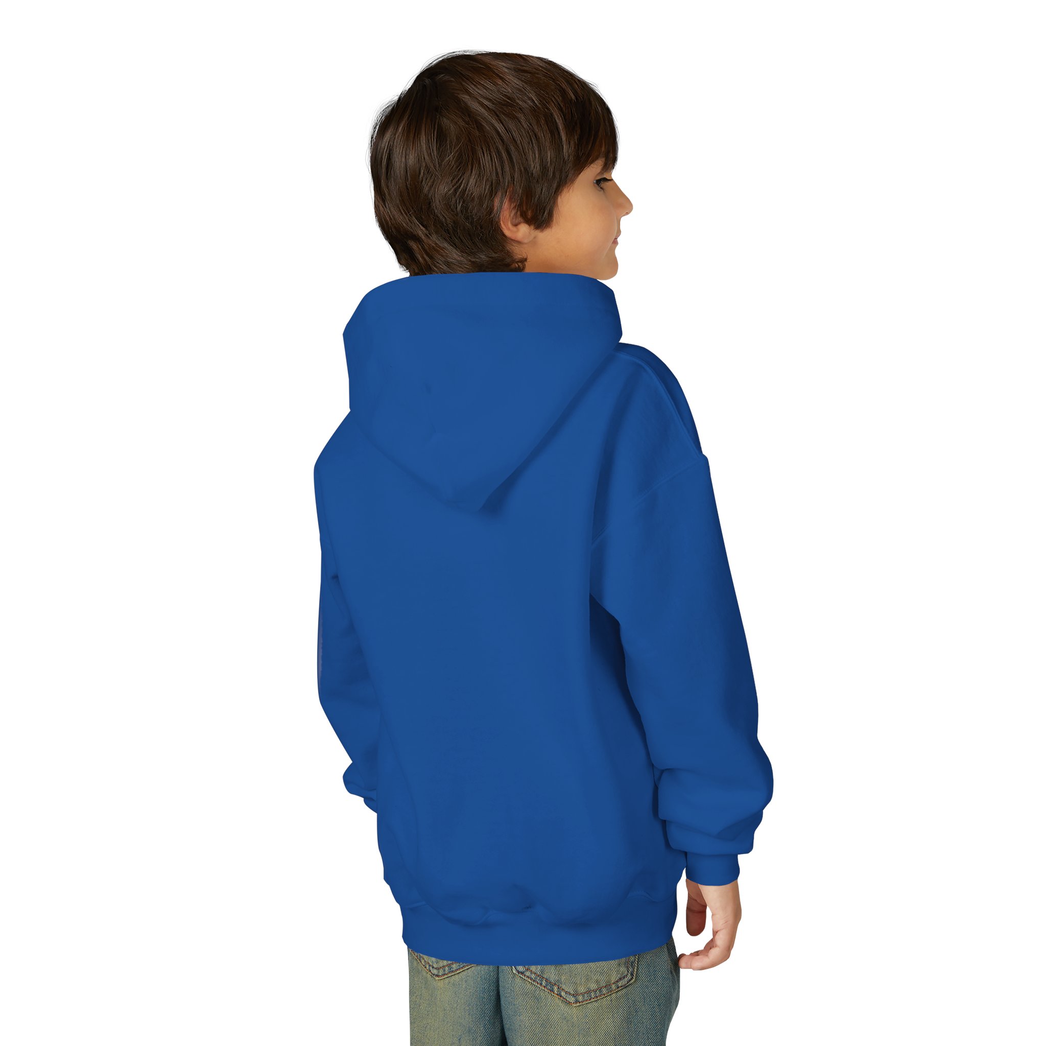 Deep in the Heart of Texas Youth Hoodie in Royal, worn by a model, back view