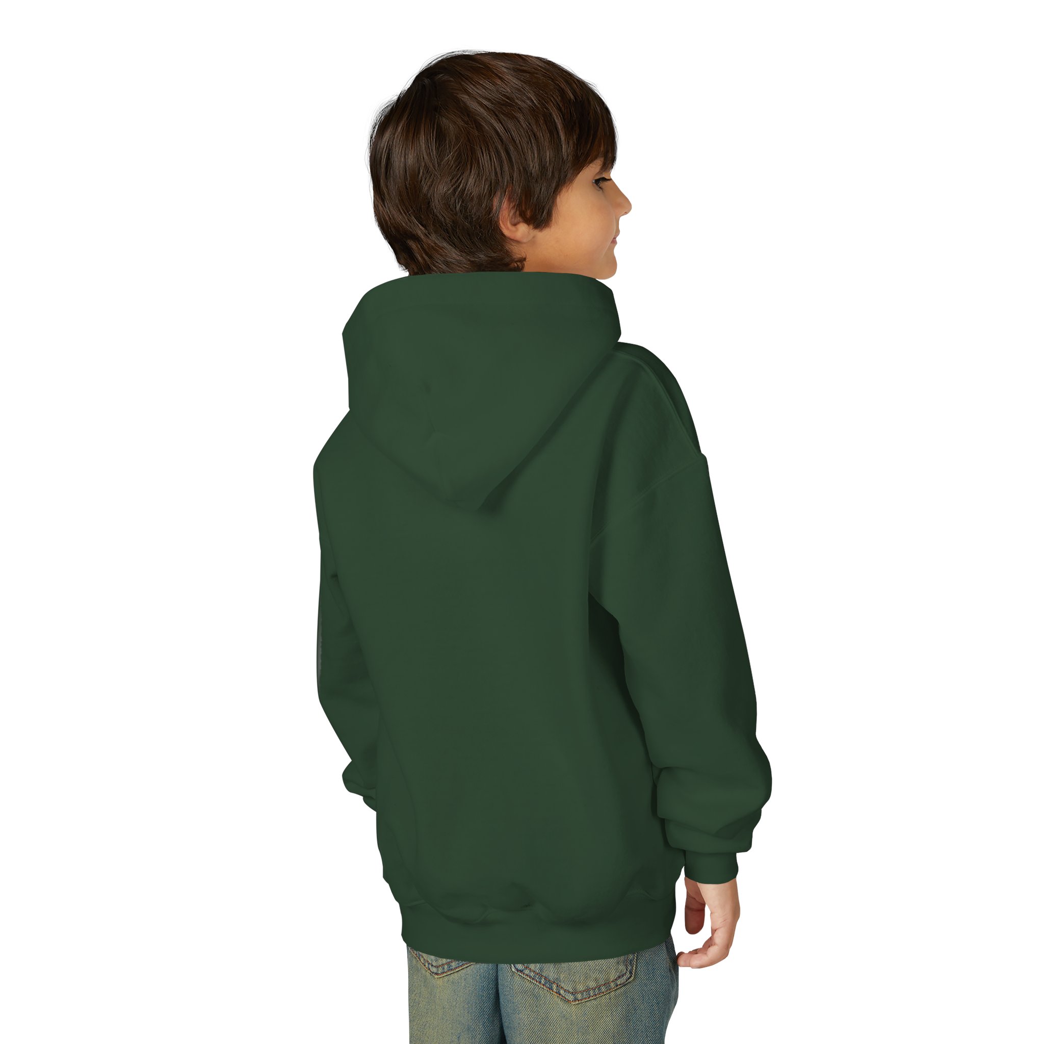 Deep in the Heart of Texas Youth Hoodie in Forest Green, worn by a model, back view