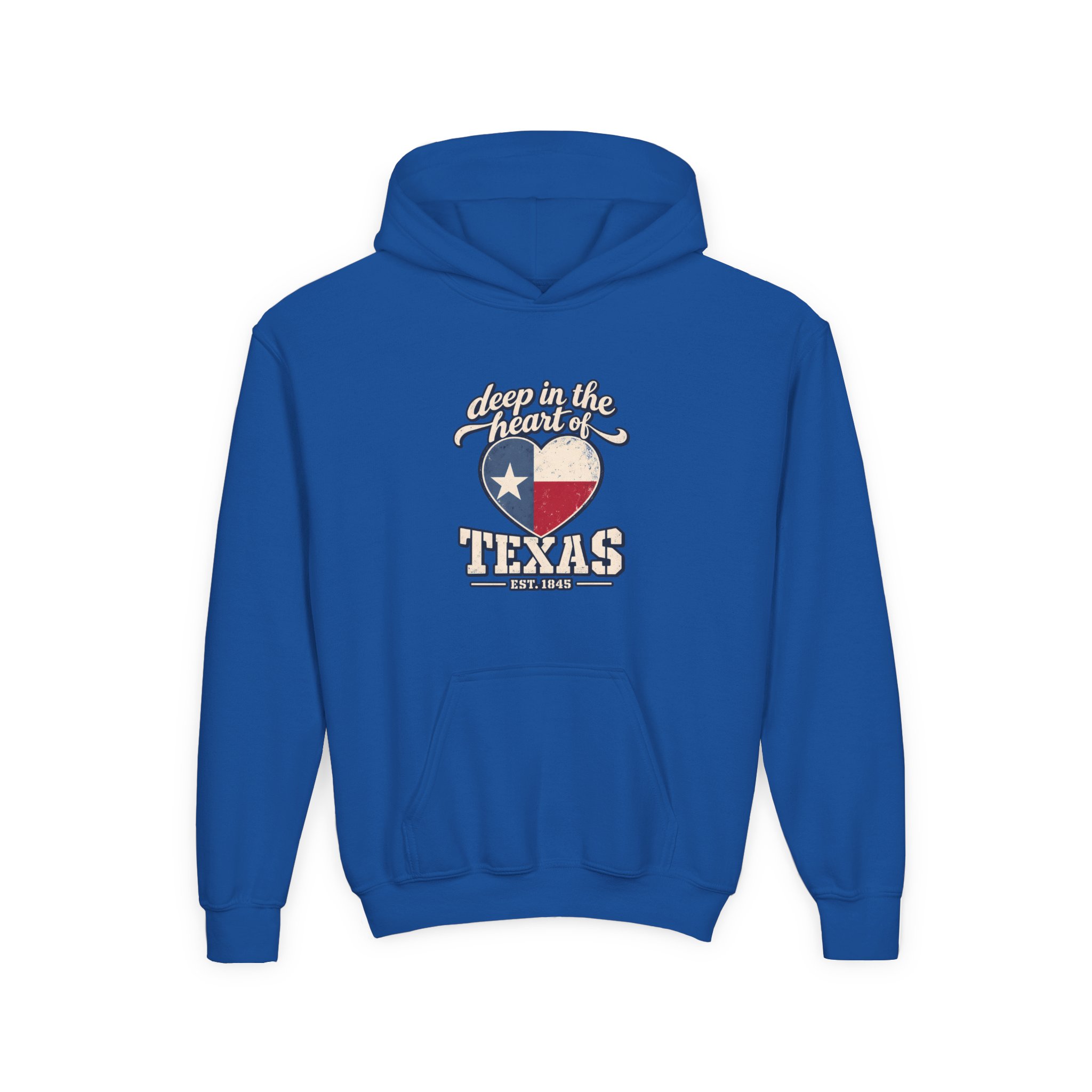 Deep in the Heart of Texas Youth Hoodie in Royal, front view