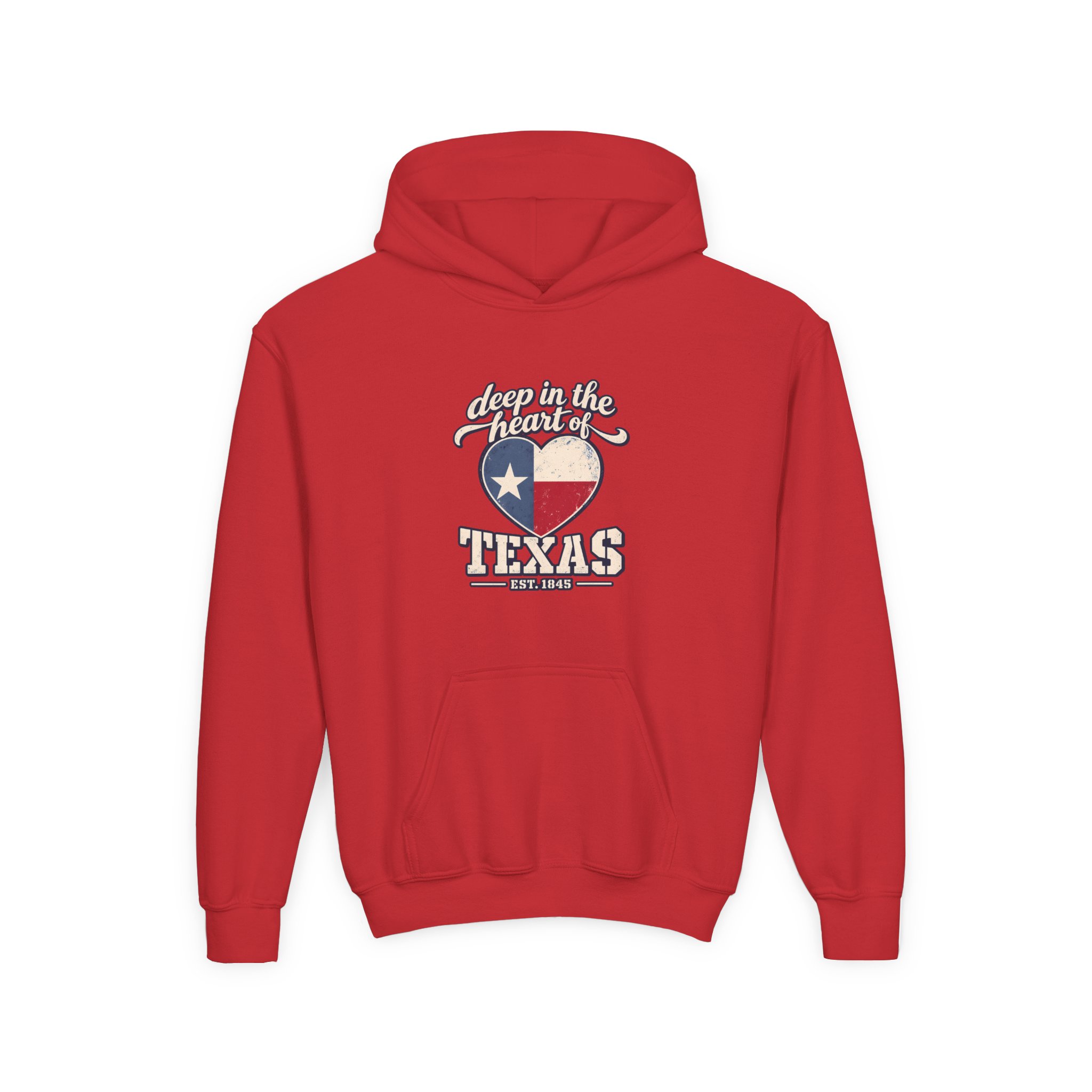 Deep in the Heart of Texas Youth Hoodie in Red, front view