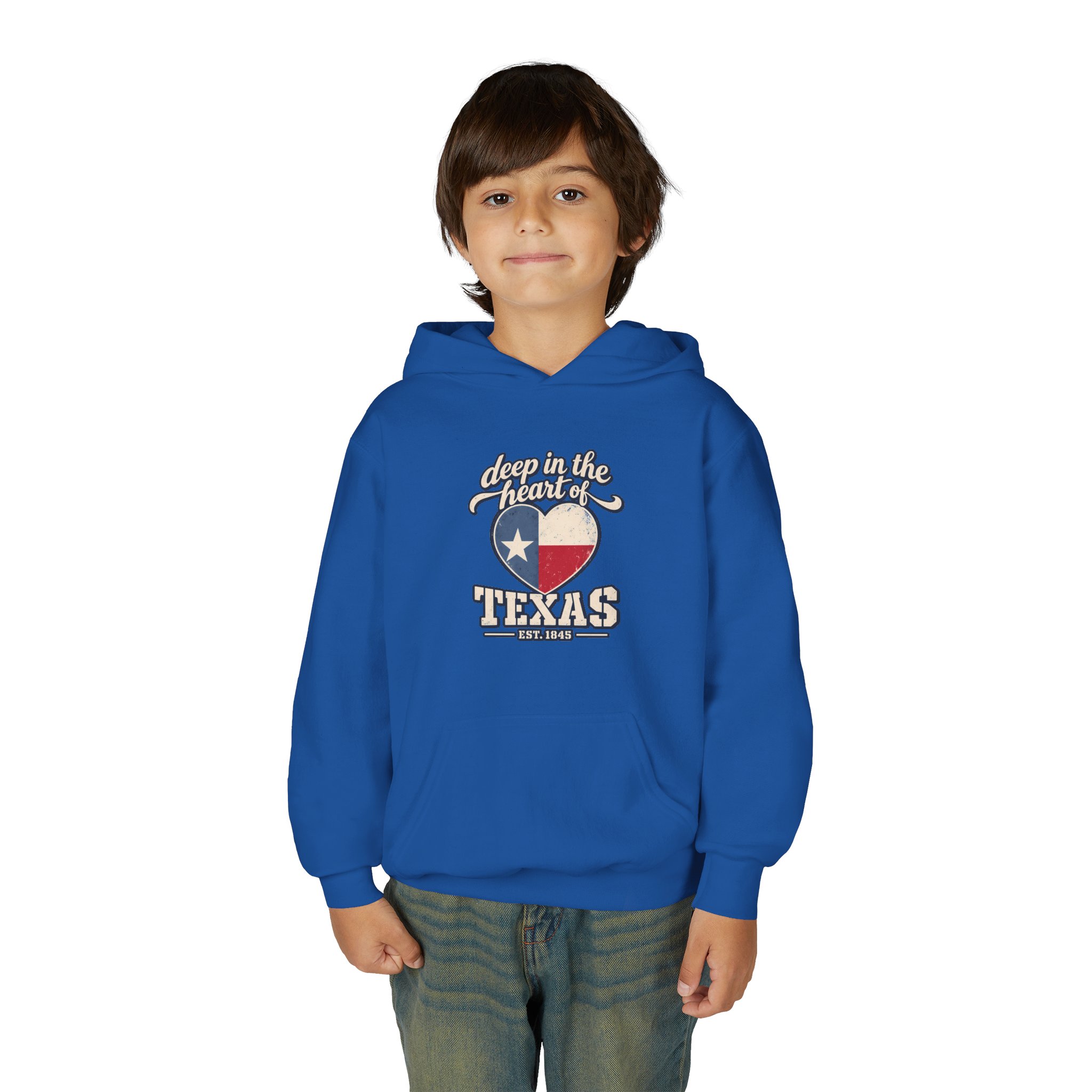 Deep in the Heart of Texas Youth Hoodie in Royal, worn by a model