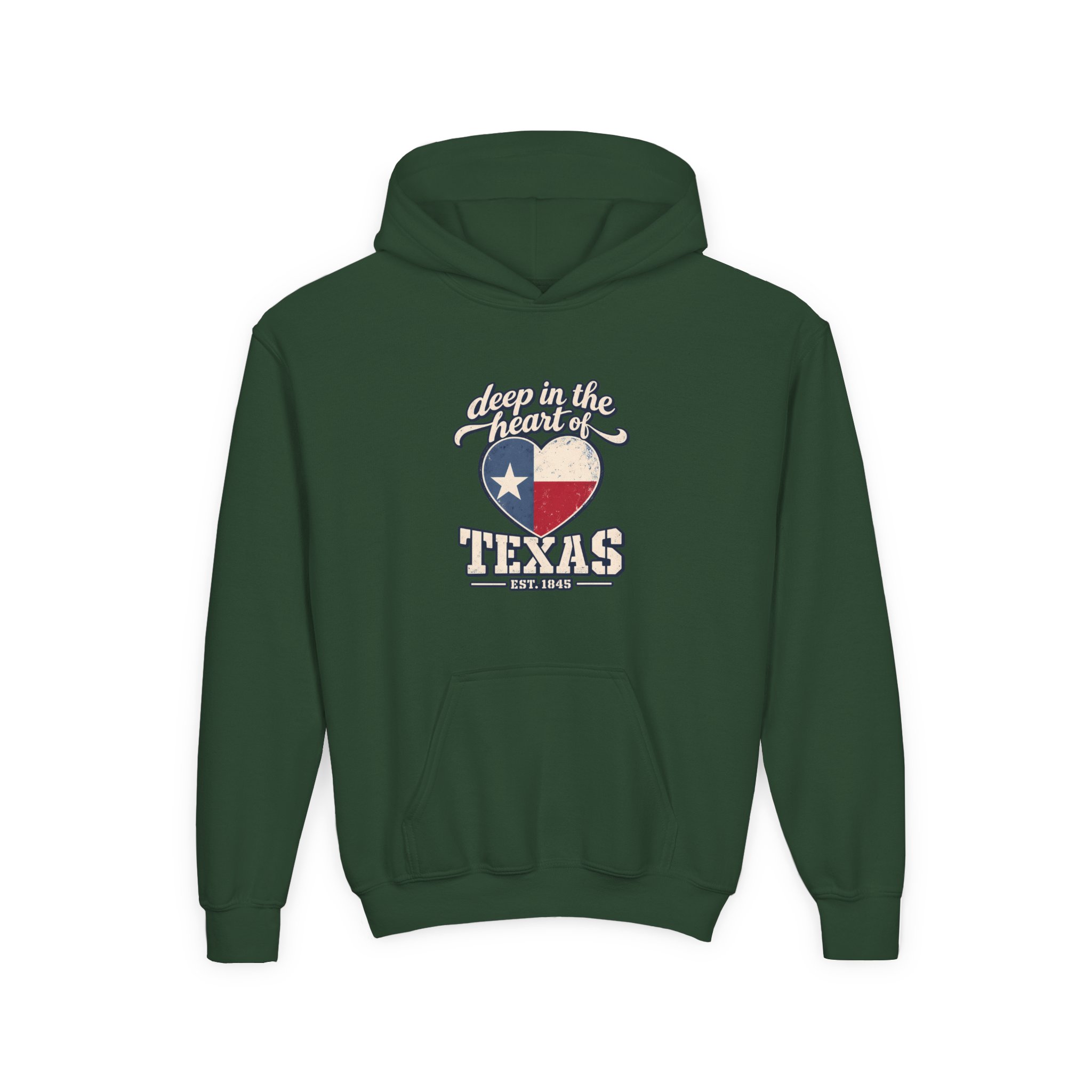 Deep in the Heart of Texas Youth Hoodie in Forest Green, front view