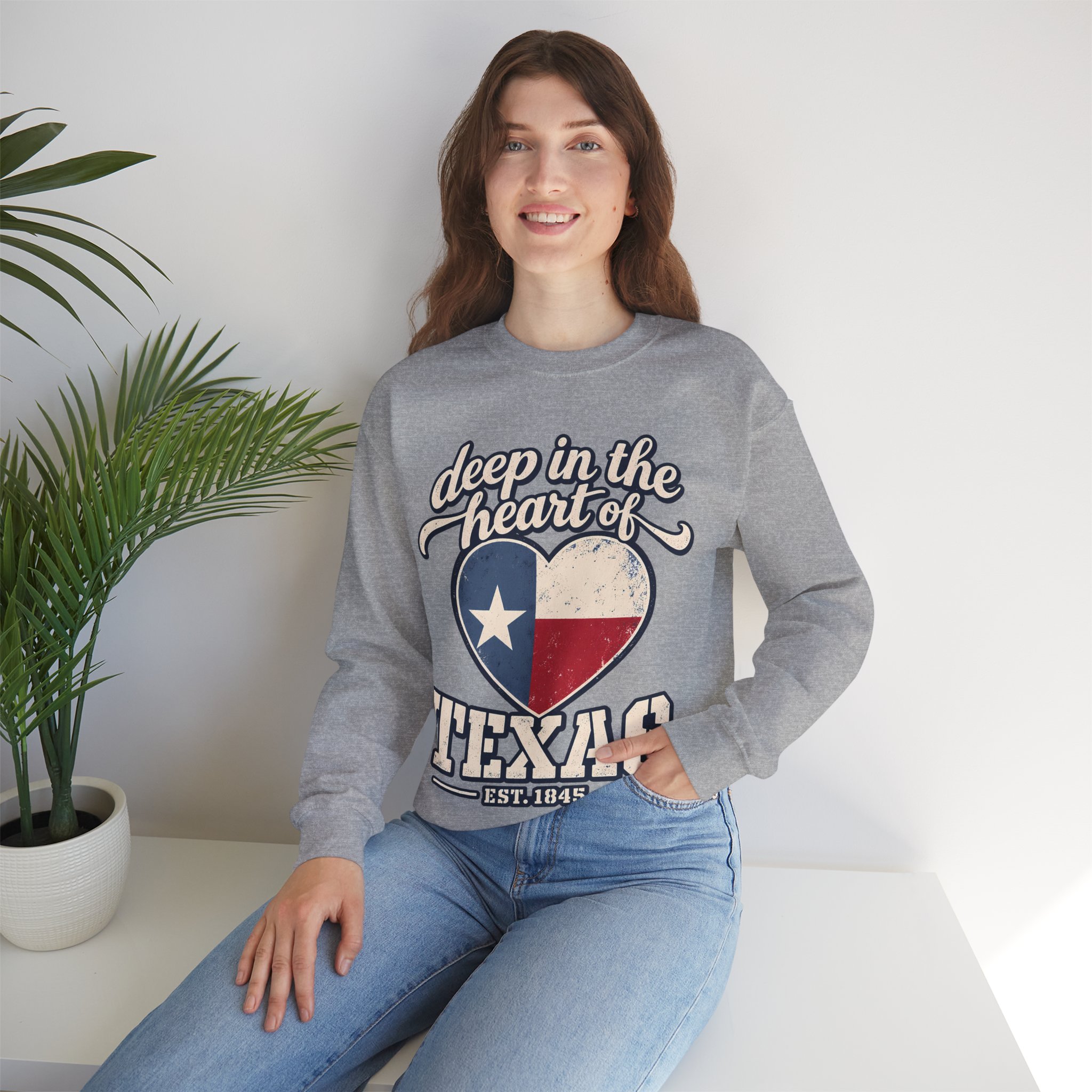 Deep in the Heart of Texas Crewneck Sweatshirt in Sport Grey, lifestyle photo