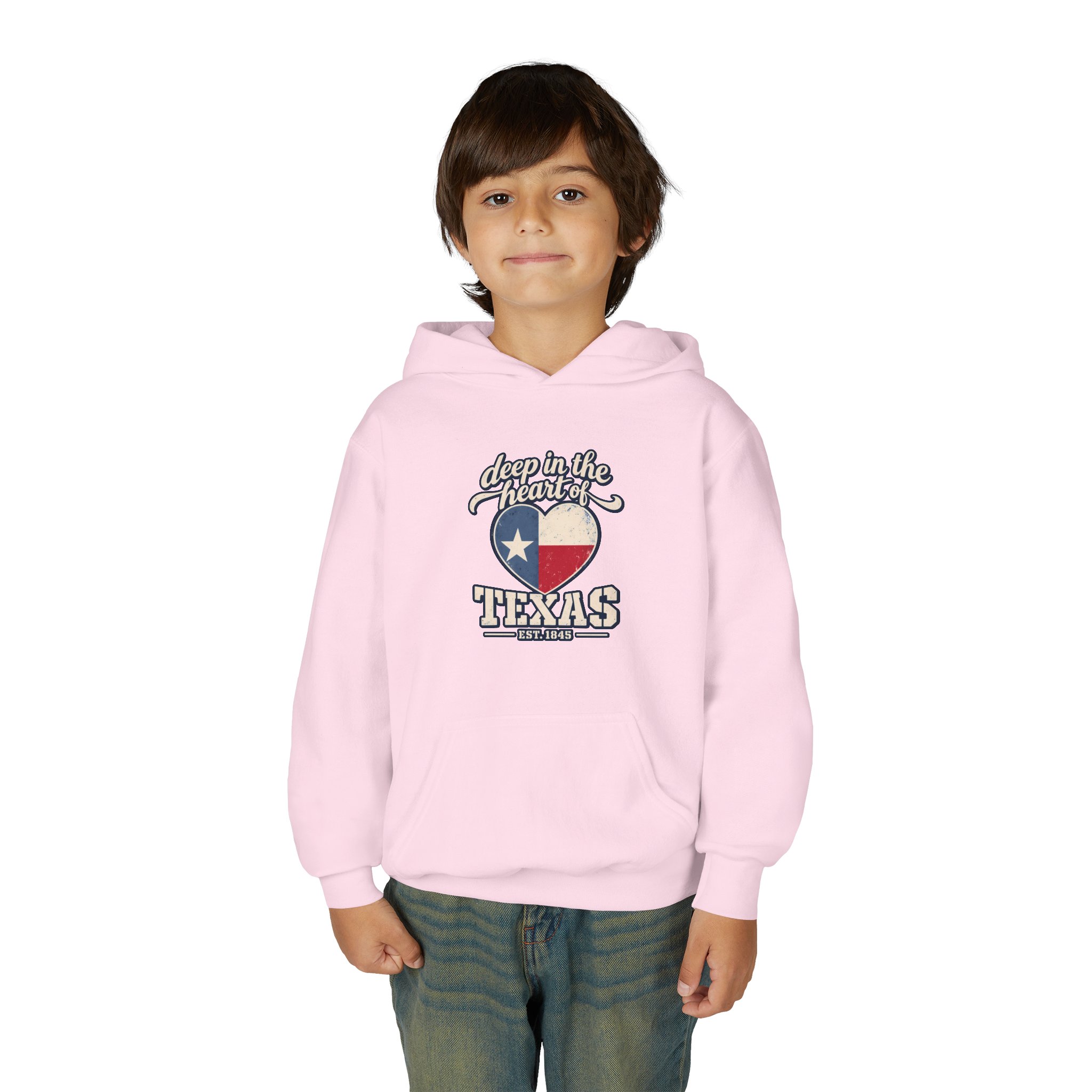 Deep in the Heart of Texas Youth Hoodie in Light Pink, worn by a model