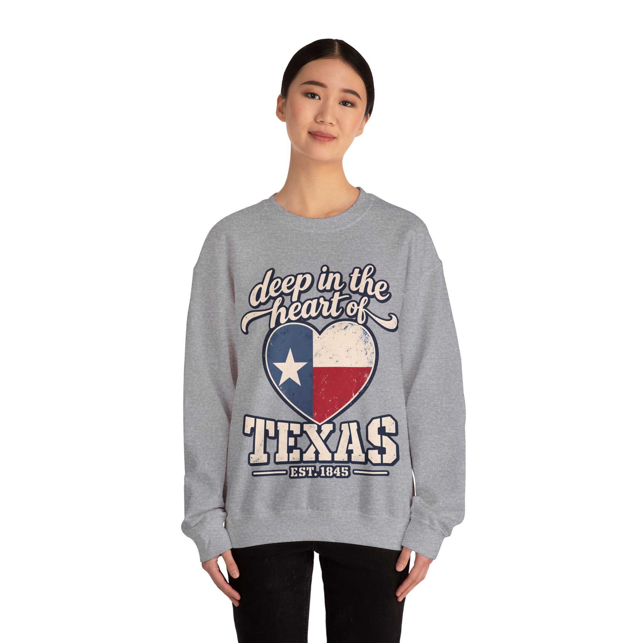 Deep in the Heart of Texas Crewneck Sweatshirt in Sport Grey, worn by a model