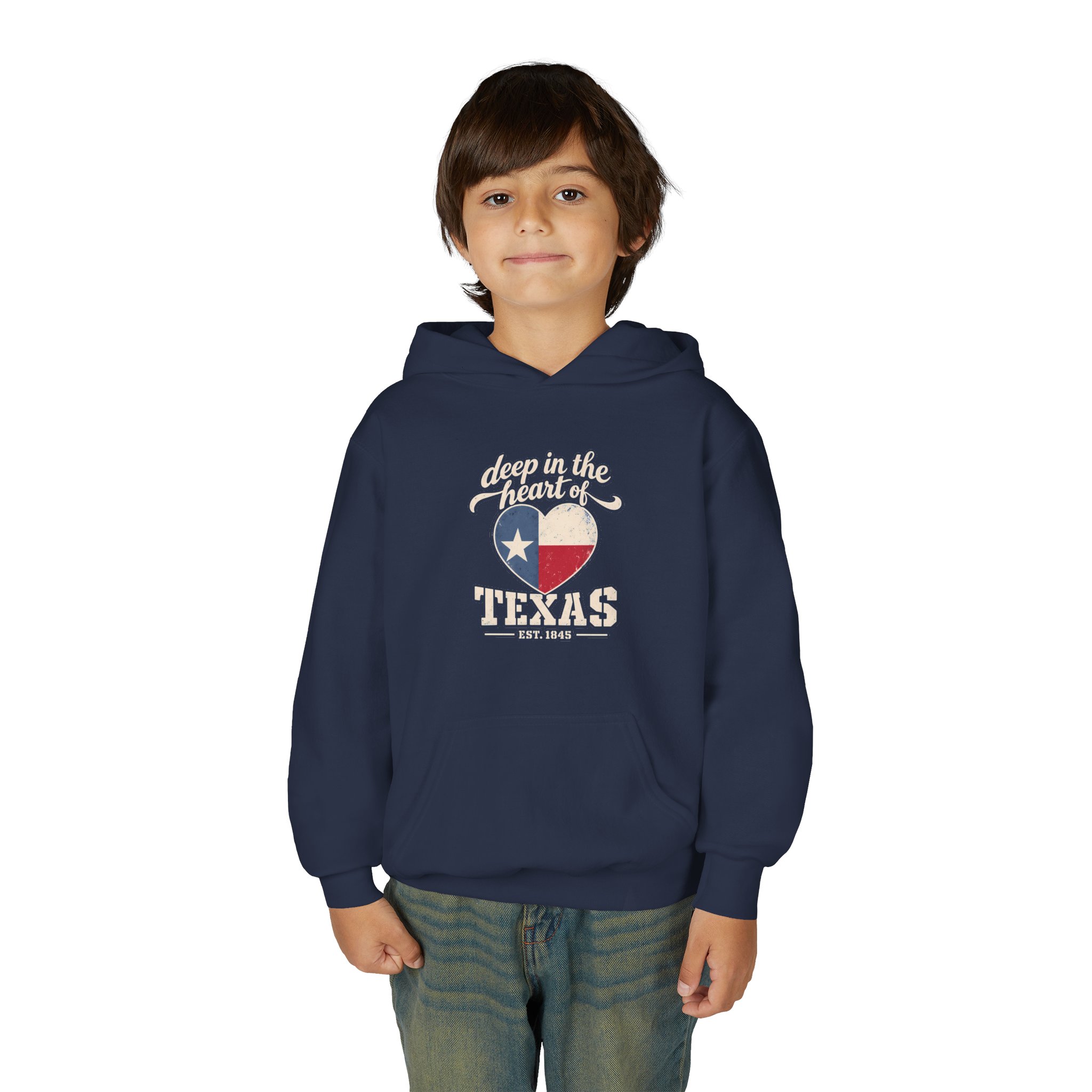 Deep in the Heart of Texas Youth Hoodie in Navy, worn by a model