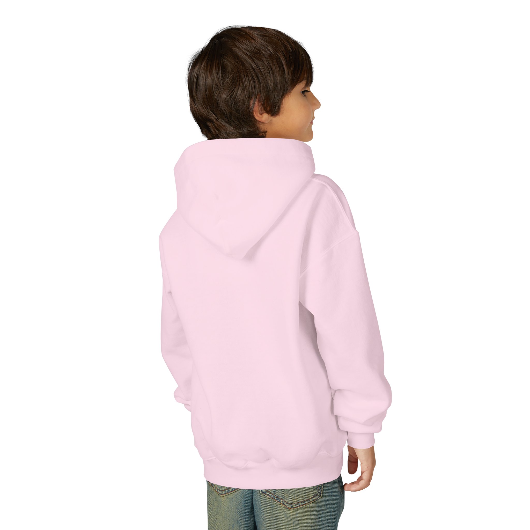 Deep in the Heart of Texas Youth Hoodie in Light Pink, worn by a model, back view