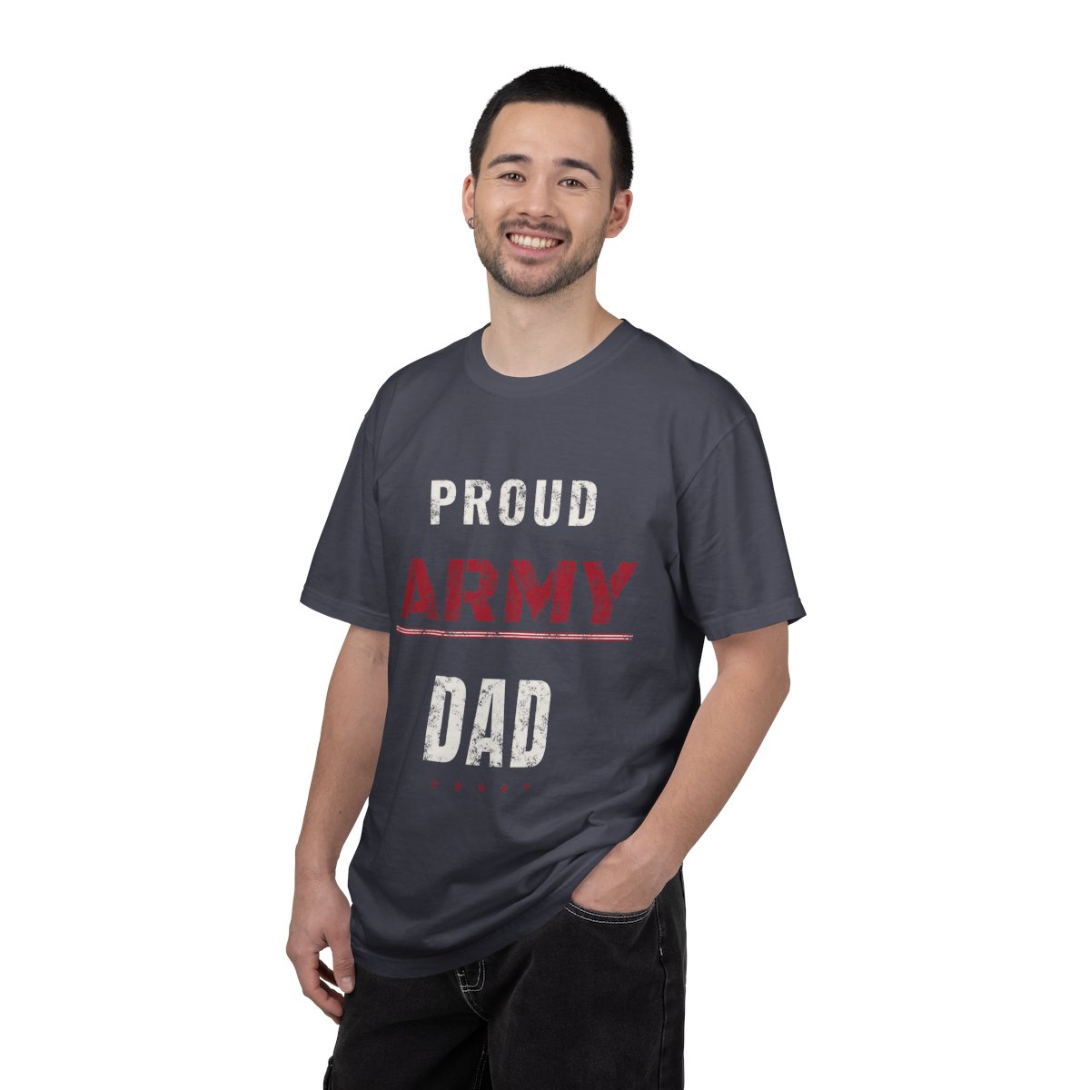A man wearing a Proud Army Dad shirt