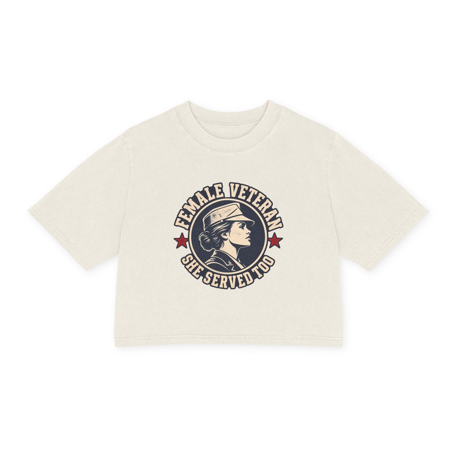 Cream cropped tee printed with a Female Veteran She Served Too badge design