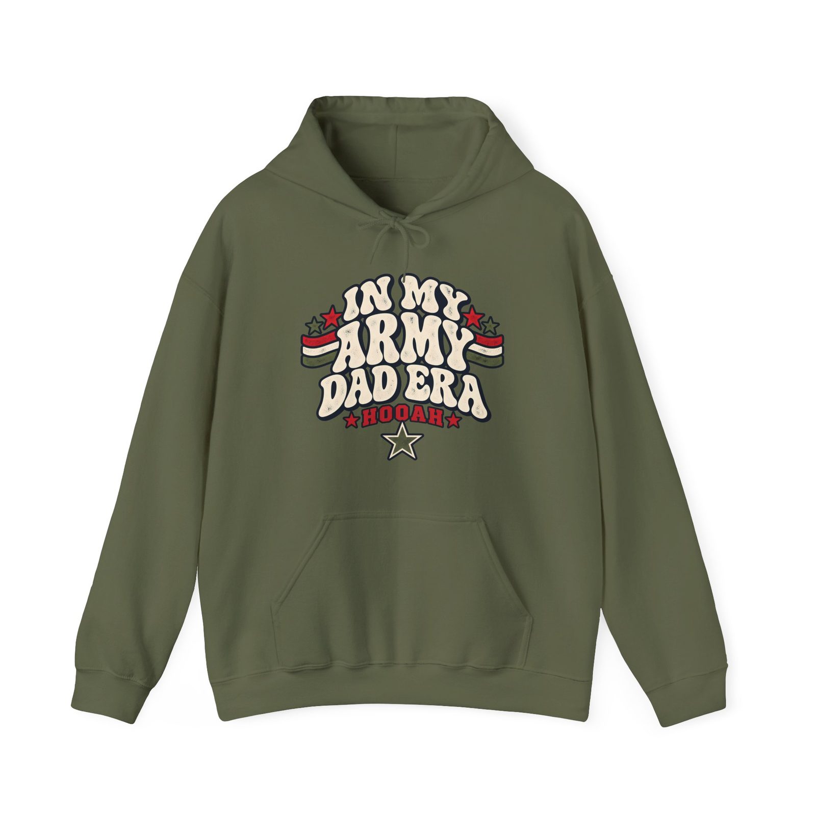 Olive green hoodie printed with In My Army Dad Era and the word Hooah above a star
