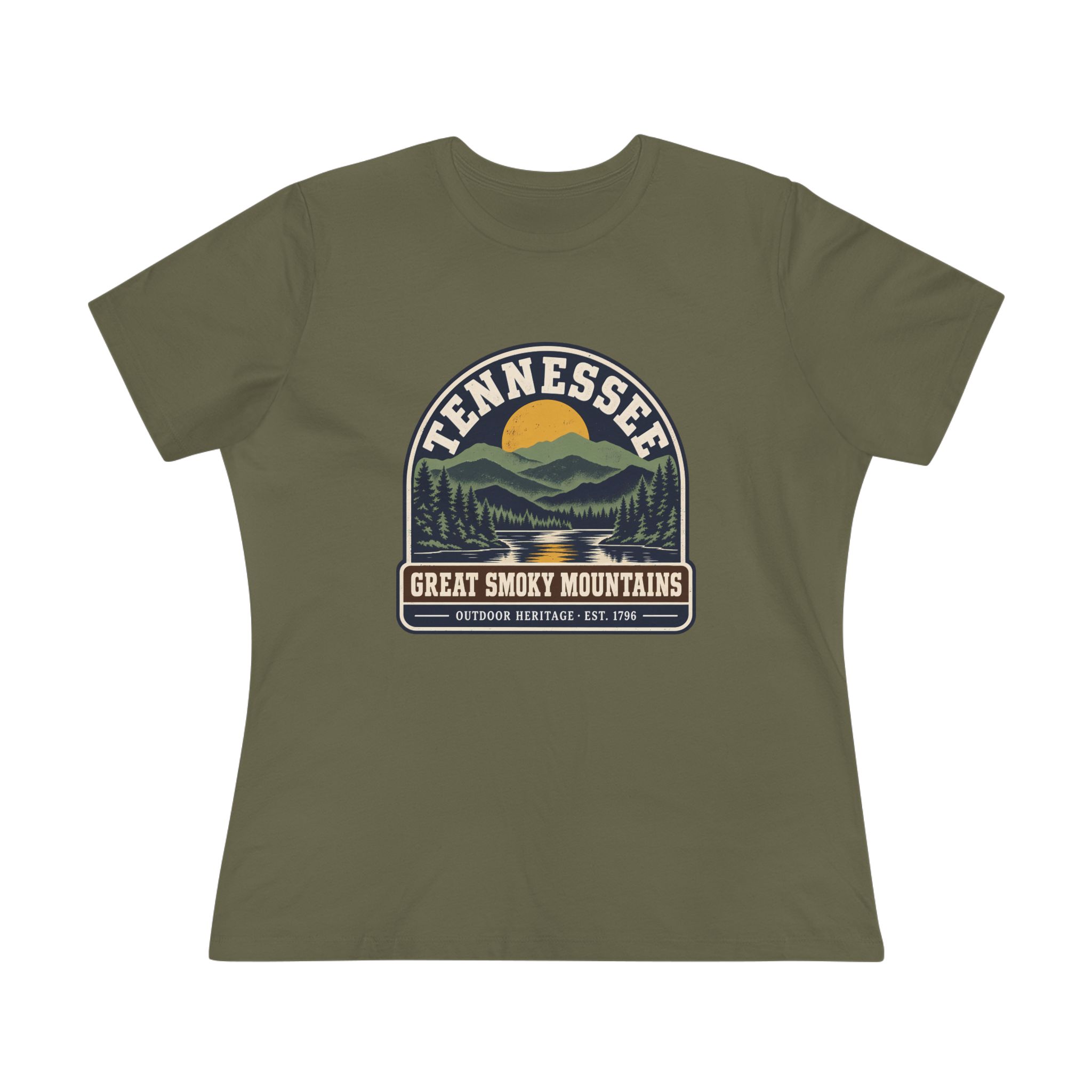 Tennessee Great Smoky Mountains Women's Relaxed Tee in Military Green, front view