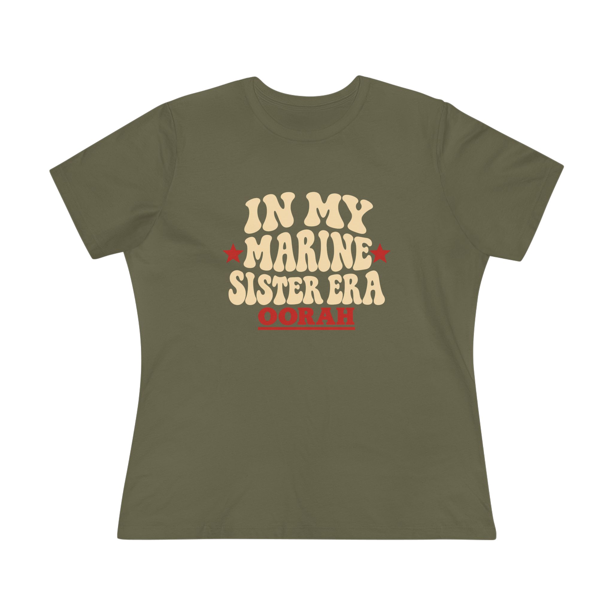 In My Marine Sister Era Women's Relaxed Tee in Military Green, front view