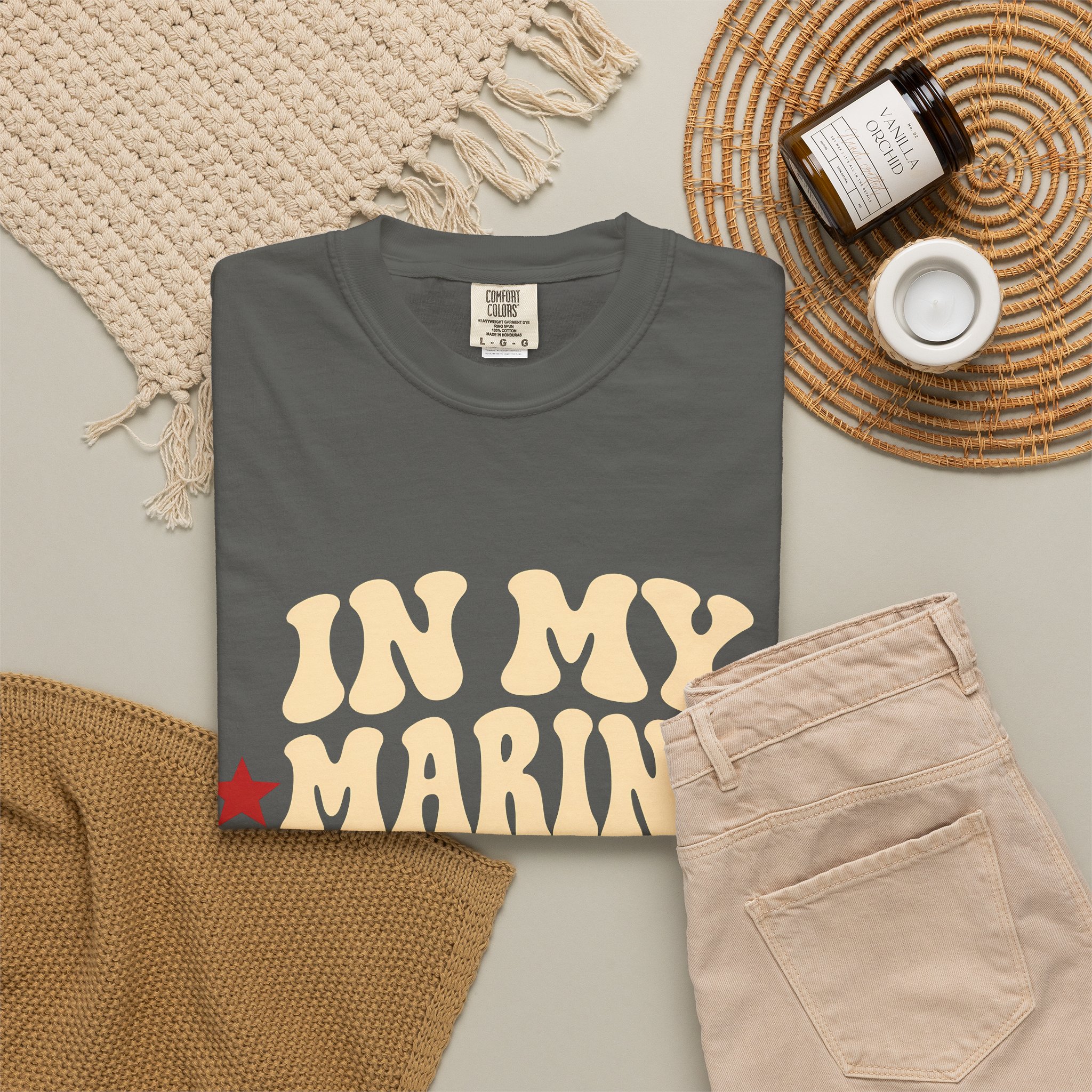 In My Marine Sister Era Comfort Colors Tee in Pepper, folded