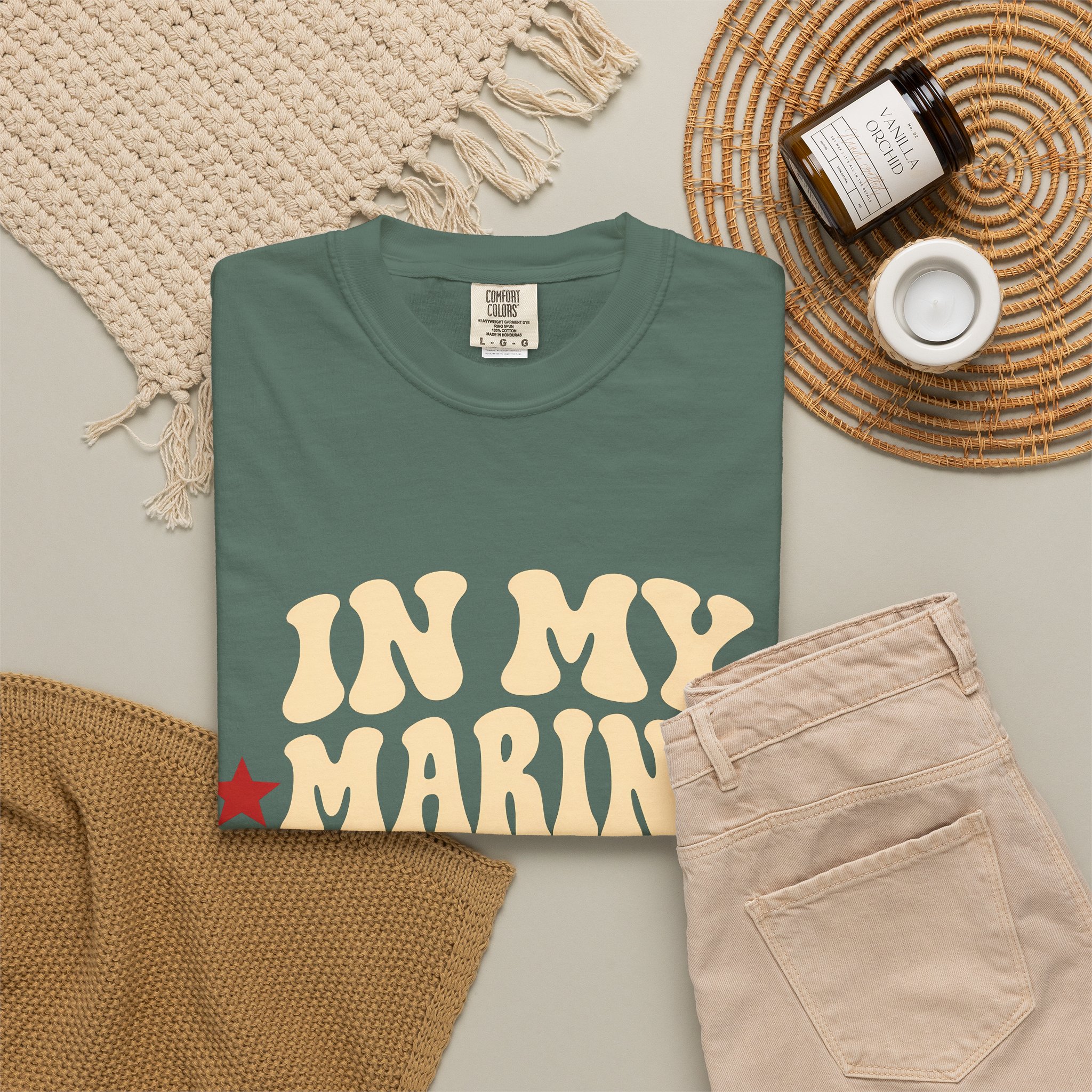 In My Marine Sister Era Comfort Colors Tee in Blue Spruce, folded
