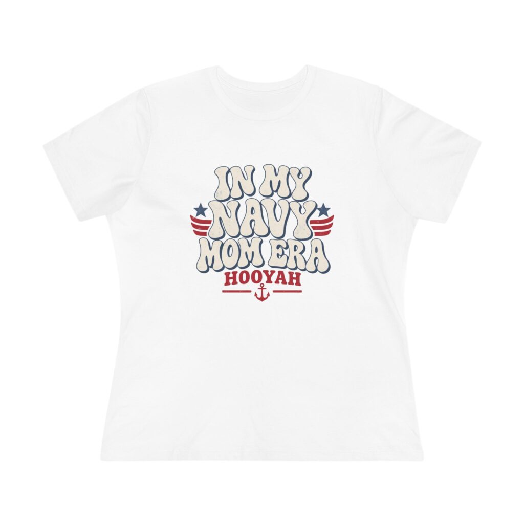 In My Navy Mom Era Women's Relaxed Tee in White, front view