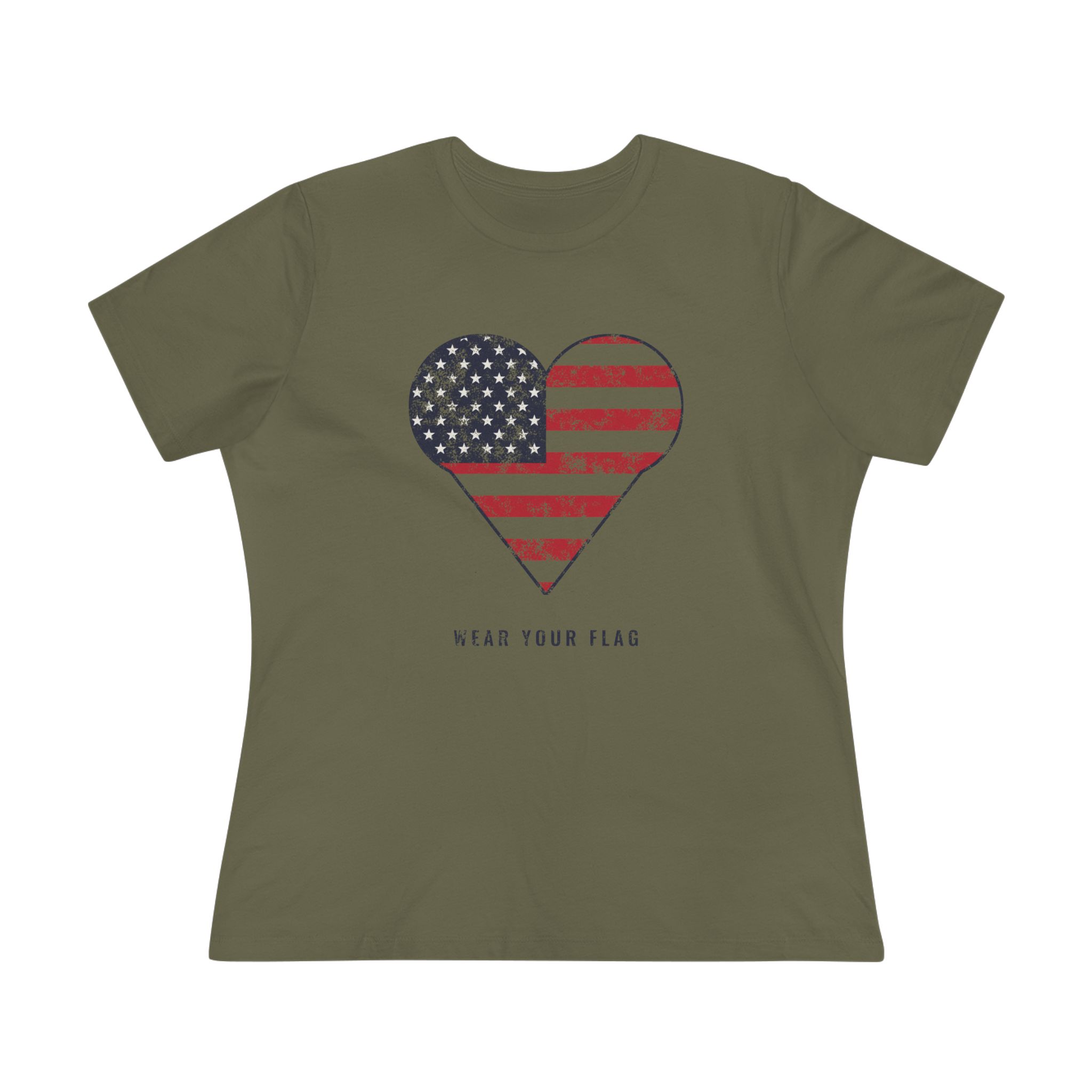 Flag Heart Women's Relaxed Tee in Military Green, front view