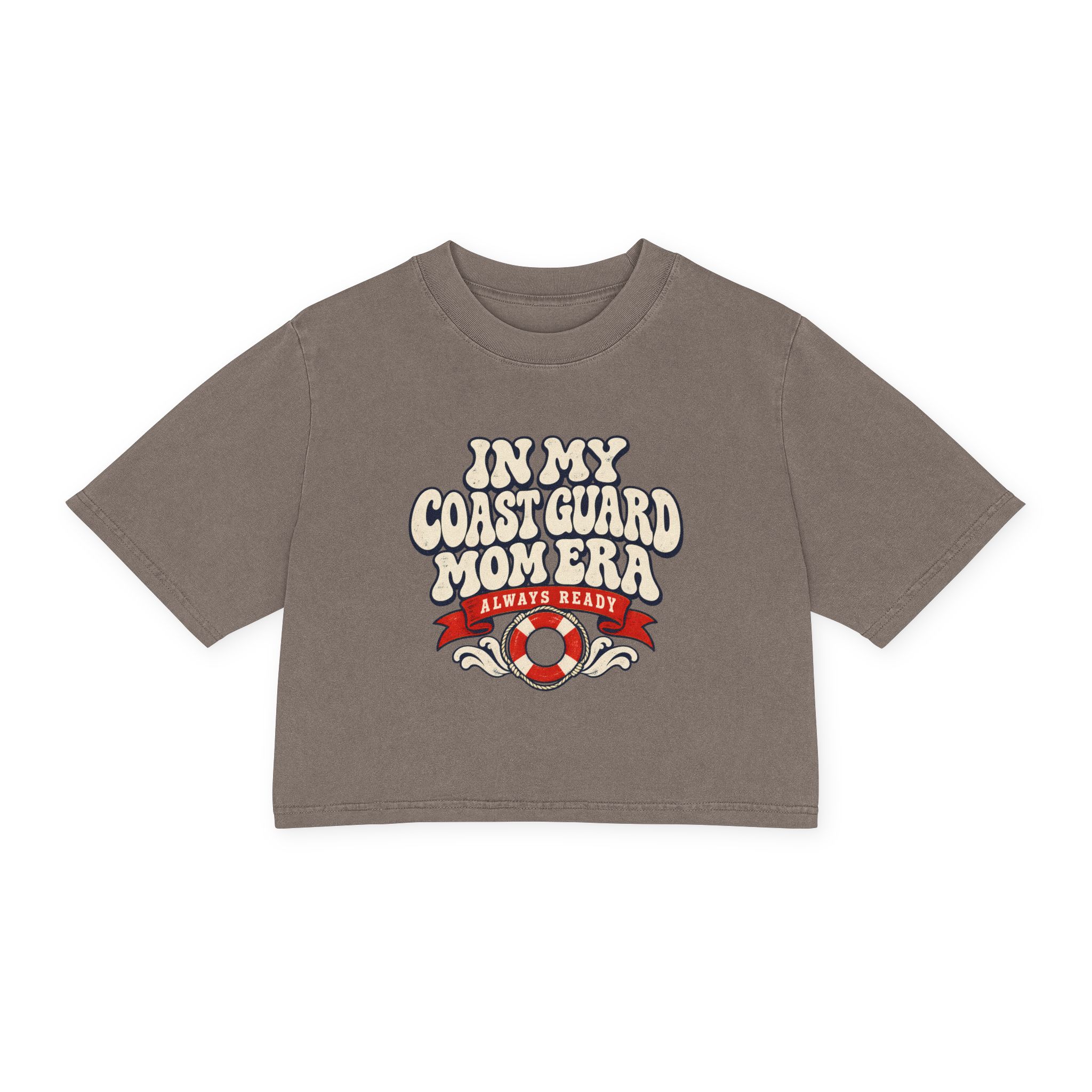 In My Coast Guard Mom Era Women's Cropped Tee in Faded Grey, front view