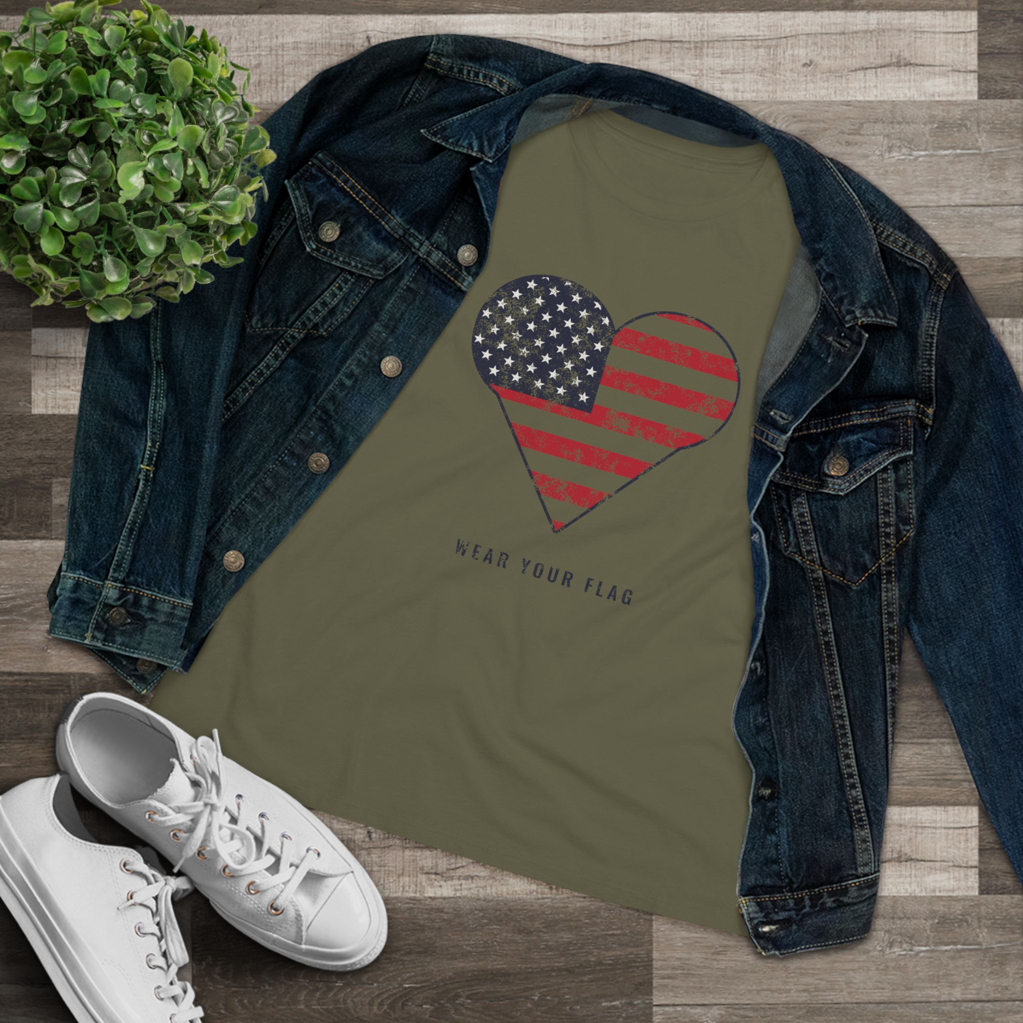 Flag Heart Women's Relaxed Tee in Military Green