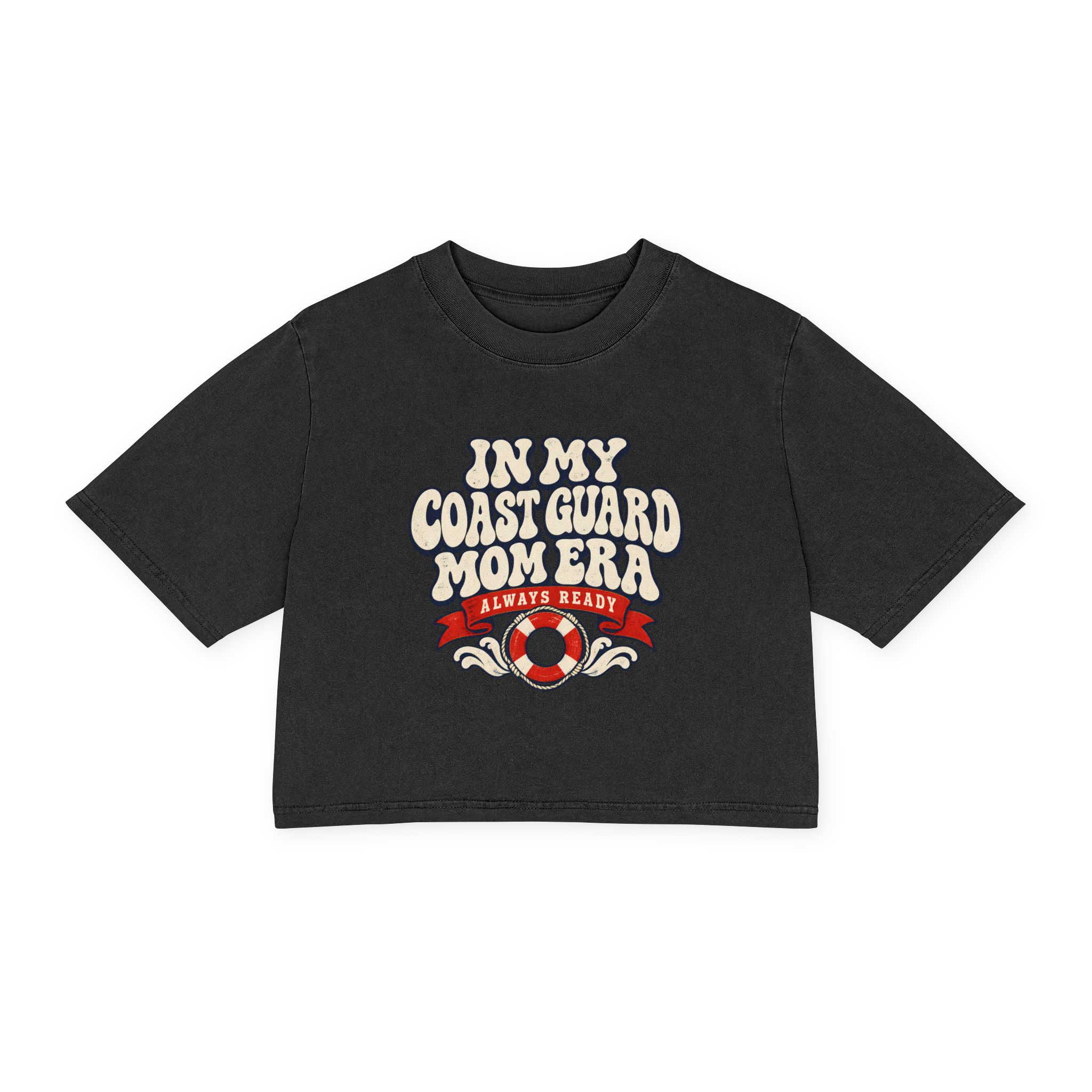 In My Coast Guard Mom Era Women's Cropped Tee in Faded Black, front view