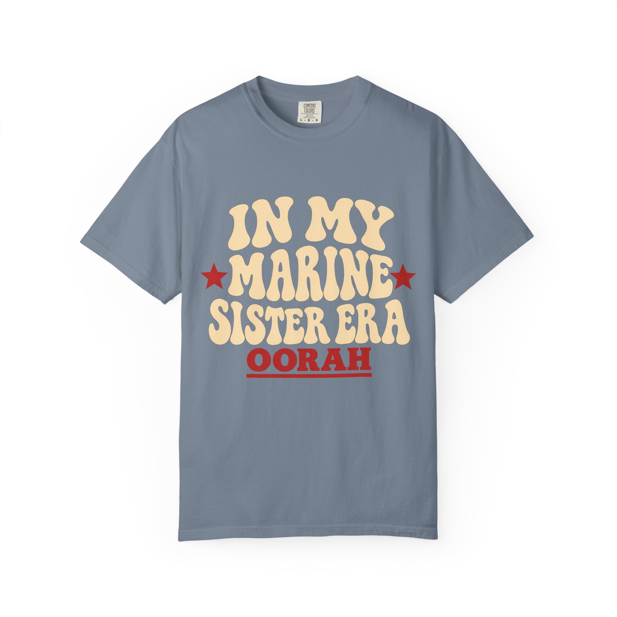 In My Marine Sister Era Comfort Colors Tee in Blue Jean, front view