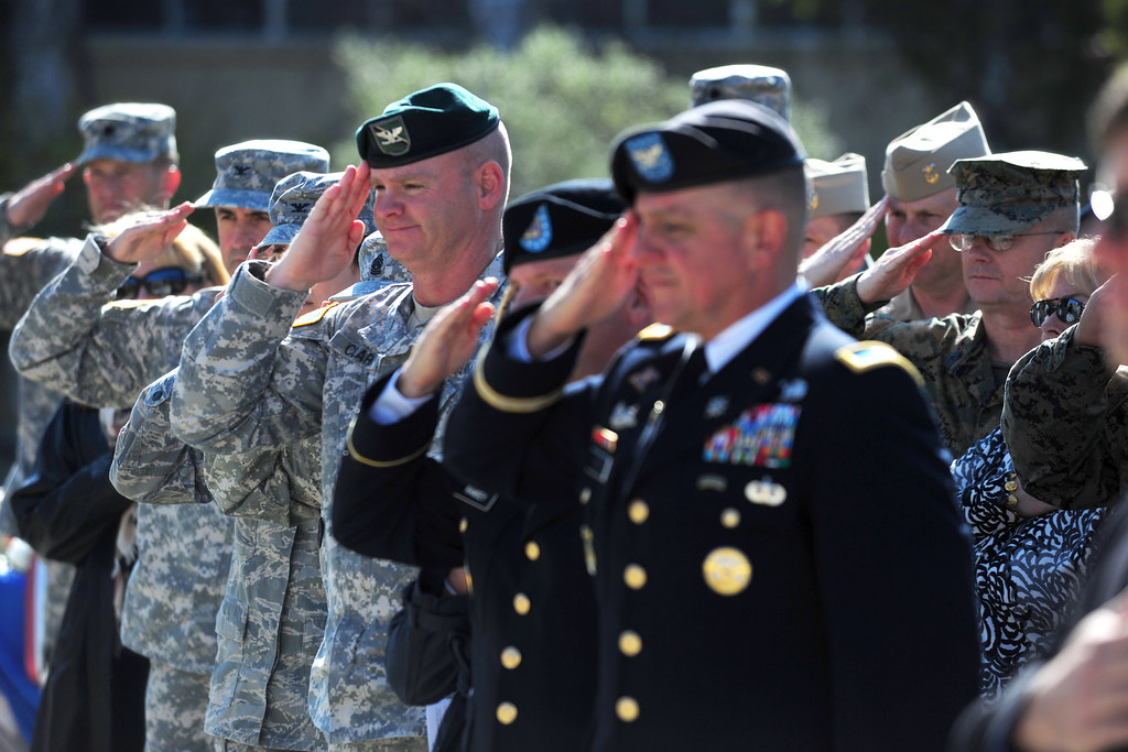 Service members and veterans saluting during a Veterans Day ceremony