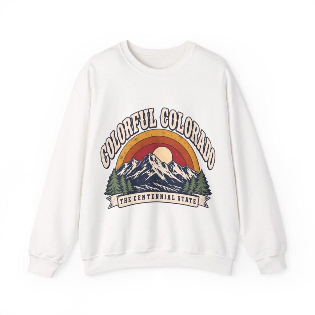 Colorful Colorado crewneck sweatshirt with a retro mountain and sunset design