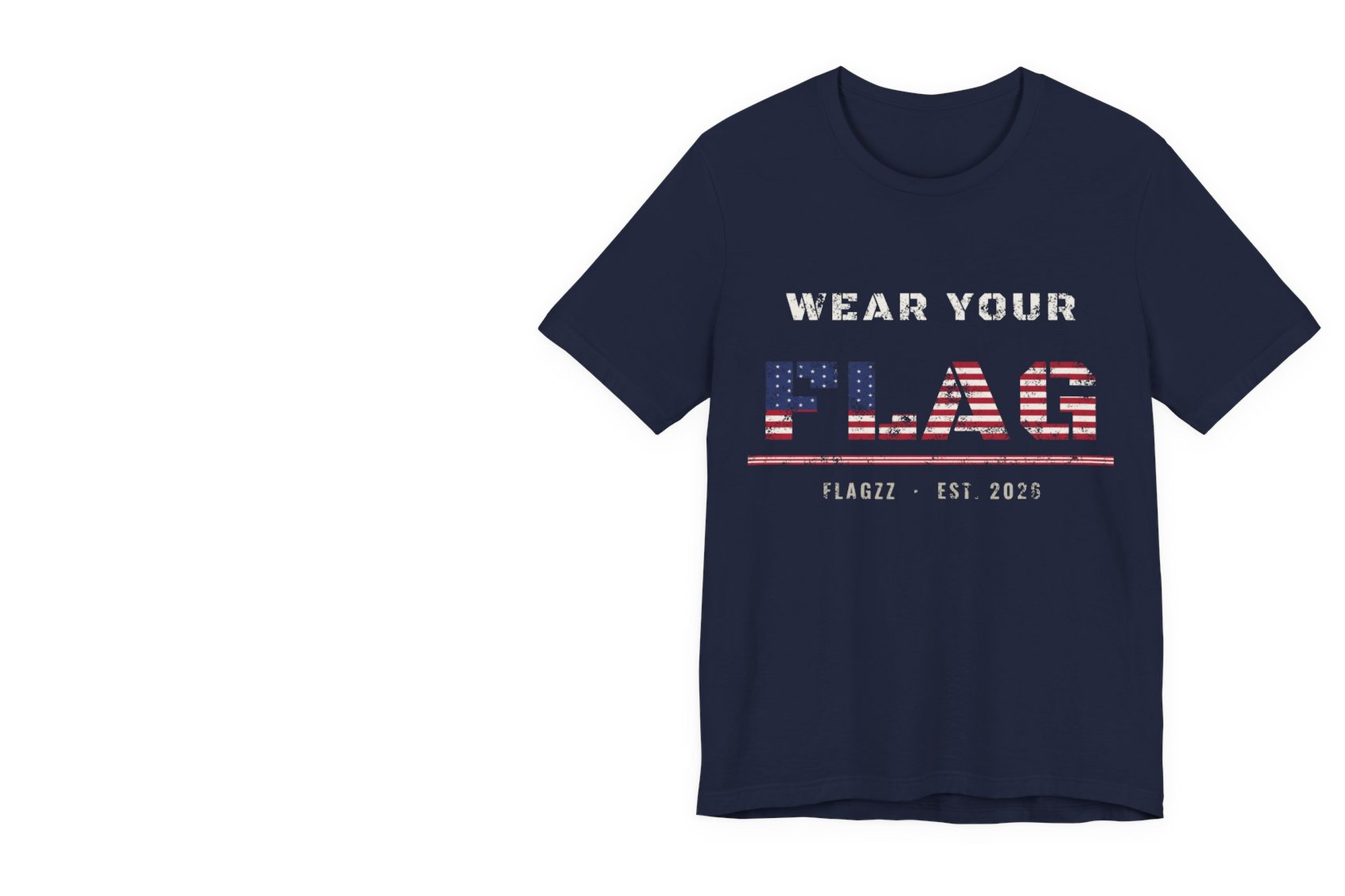 Flagzz Wear Your Flag tee in navy with a distressed American flag wordmark